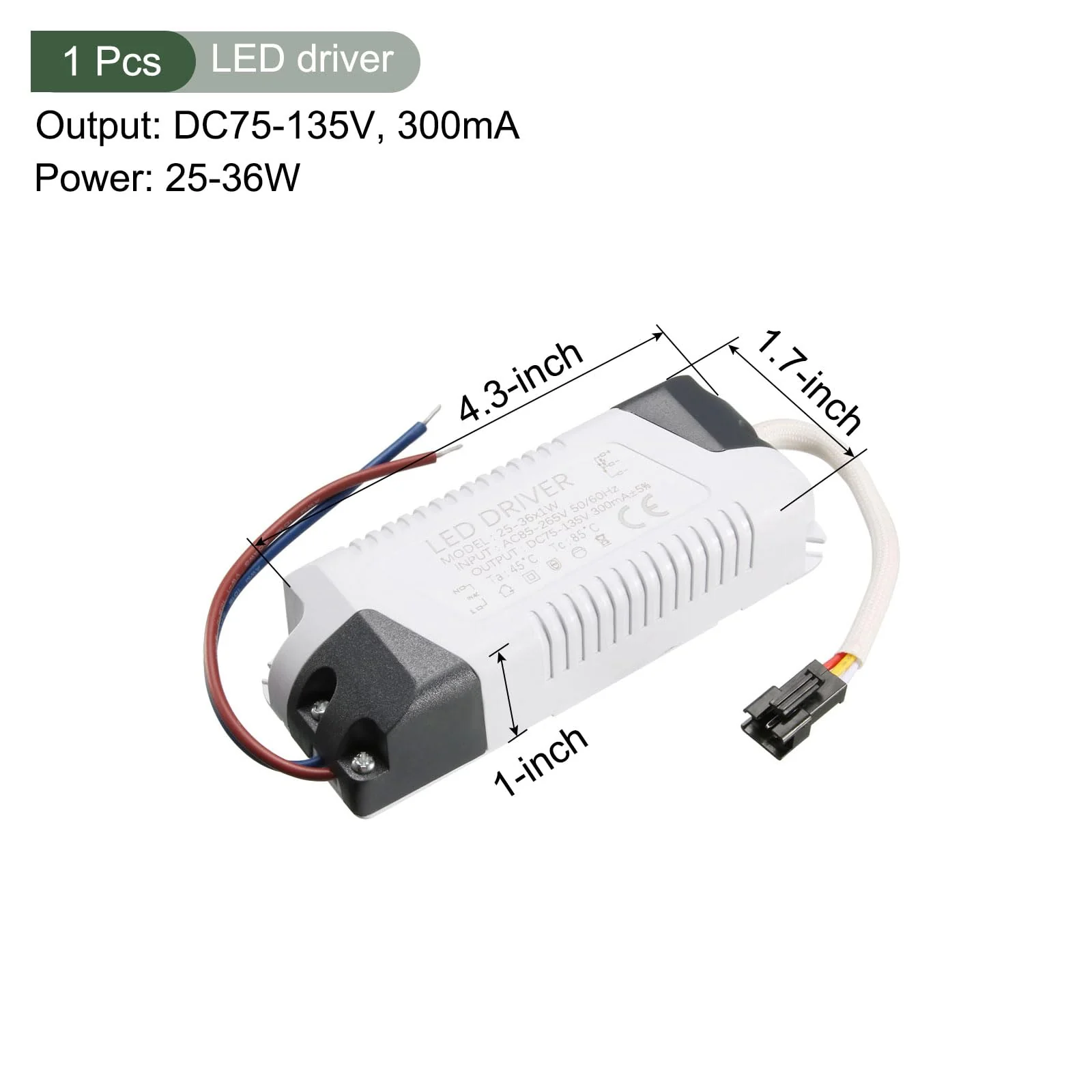 YOKIVE 25-36W Constant Current 300mA LED Driver AC 85-265V Comes with DC Connection Short Circuit Protection Ideal for LED Display (Output 75-135V) - Image 2