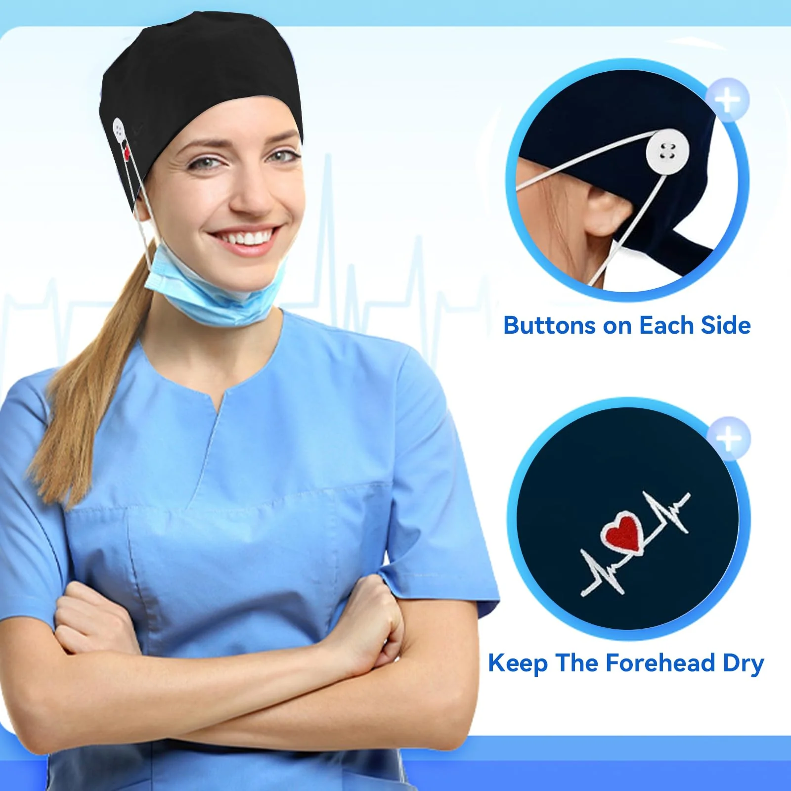 yolzhxe Pack of 2 Surgical Cap, Fabric, Adjustable Unisex Nurse Cap, Reusable Surgical Caps, Fabric with Button and Sweatband, Full Hair Cover Cap, for Doctors, Nurses - Image 3