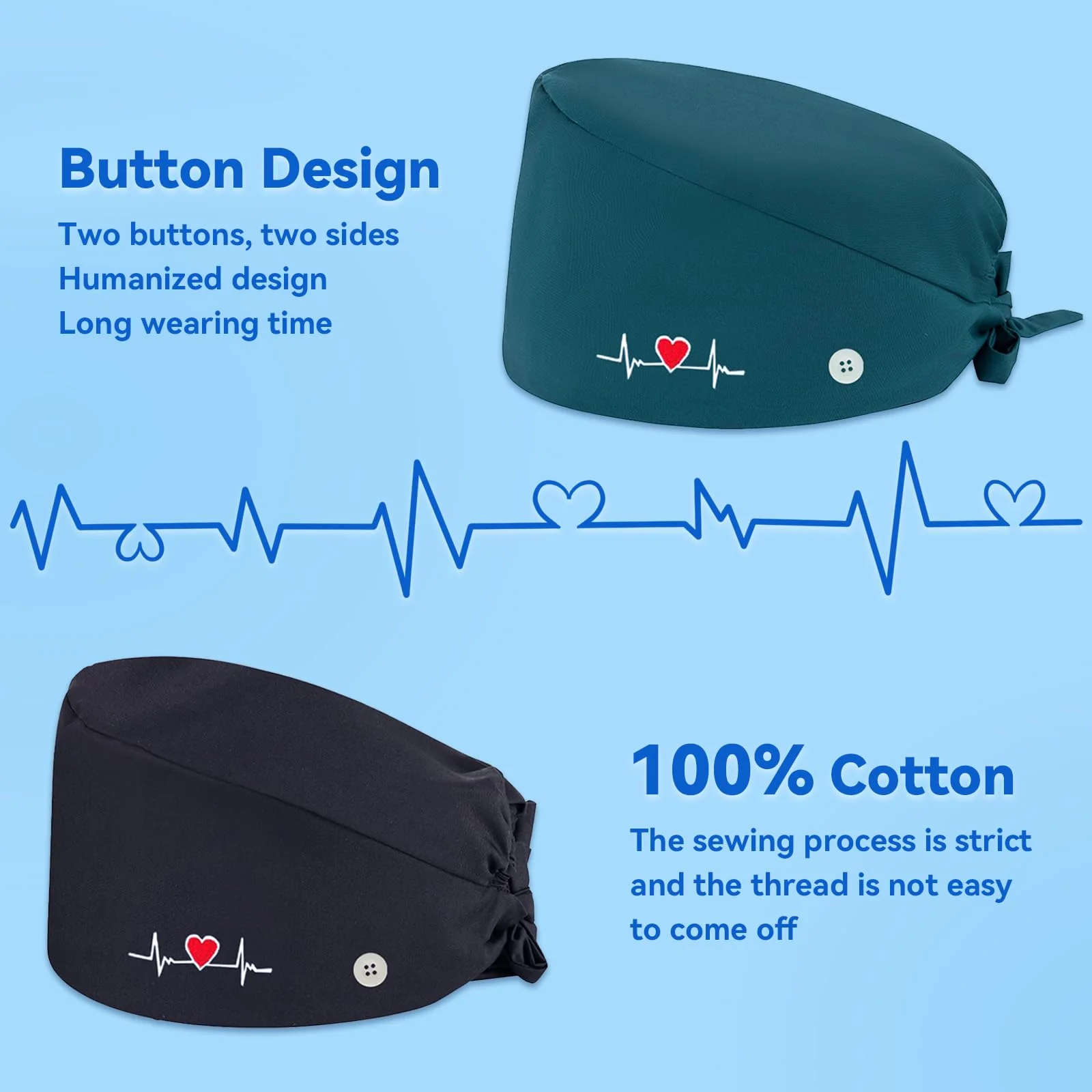 yolzhxe Pack of 2 Surgical Cap, Fabric, Adjustable Unisex Nurse Cap, Reusable Surgical Caps, Fabric with Button and Sweatband, Full Hair Cover Cap, for Doctors, Nurses - Image 4