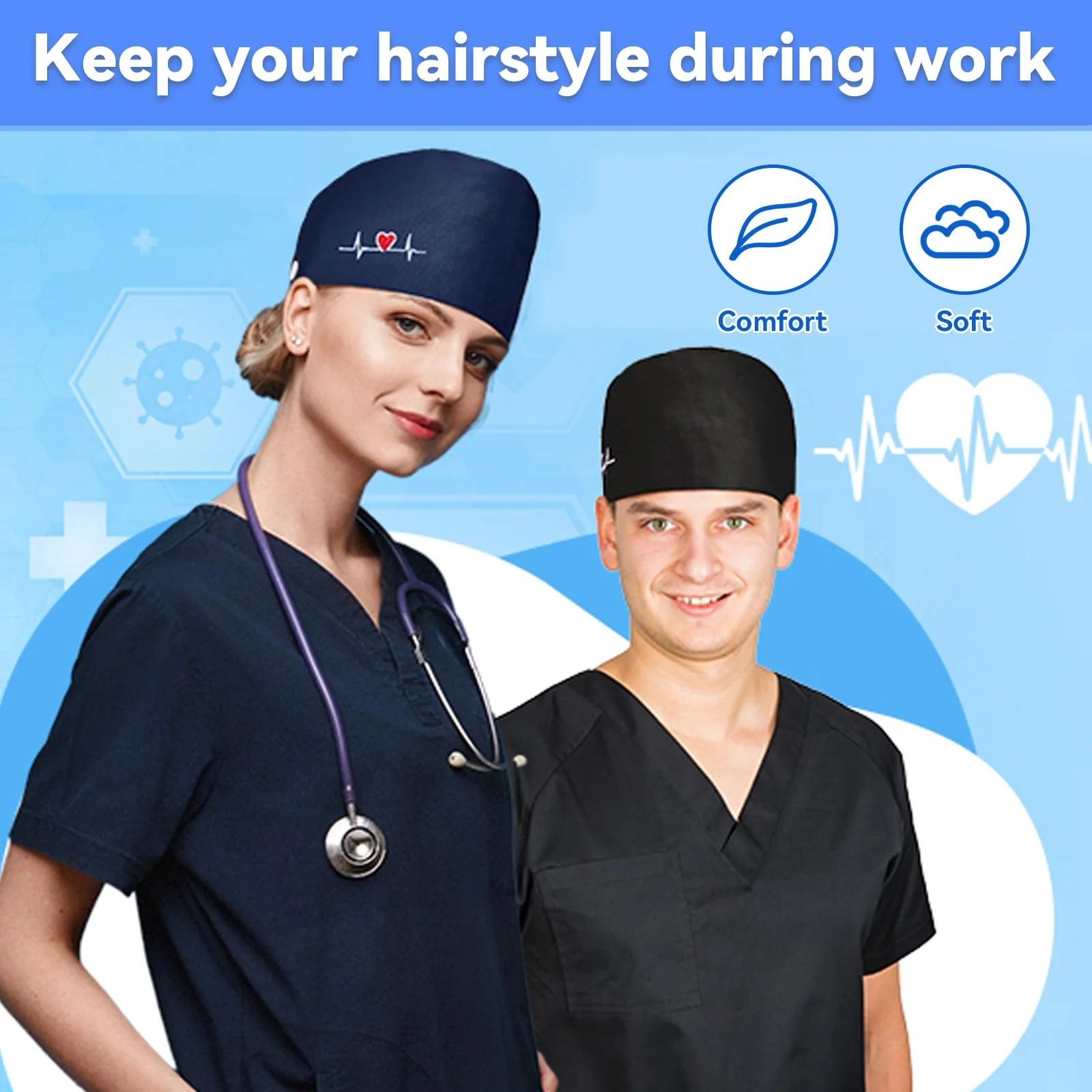 yolzhxe Pack of 2 Surgical Cap, Fabric, Adjustable Unisex Nurse Cap, Reusable Surgical Caps, Fabric with Button and Sweatband, Full Hair Cover Cap, for Doctors, Nurses - Image 6