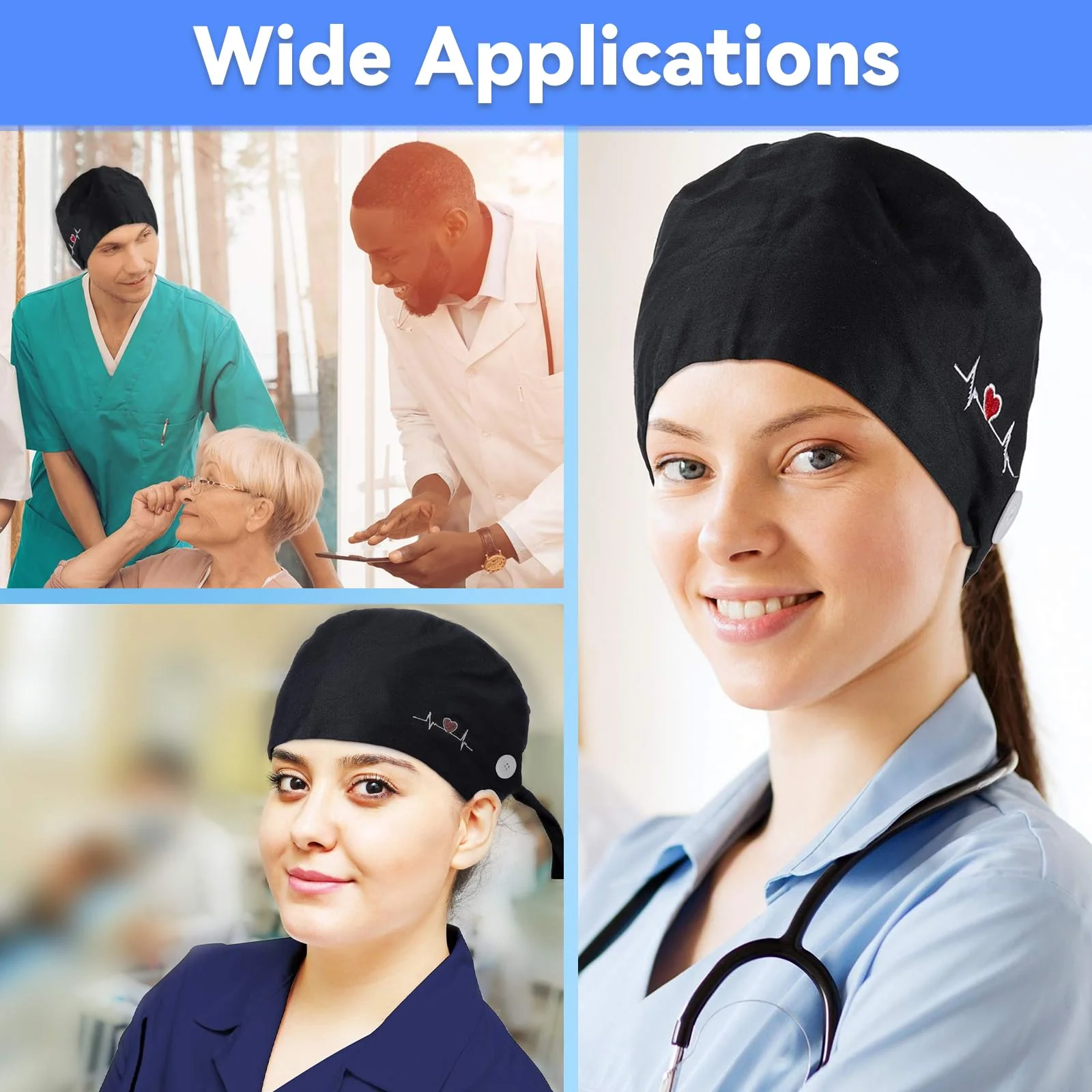 yolzhxe Pack of 2 Surgical Cap, Fabric, Adjustable Unisex Nurse Cap, Reusable Surgical Caps, Fabric with Button and Sweatband, Full Hair Cover Cap, for Doctors, Nurses - Image 7