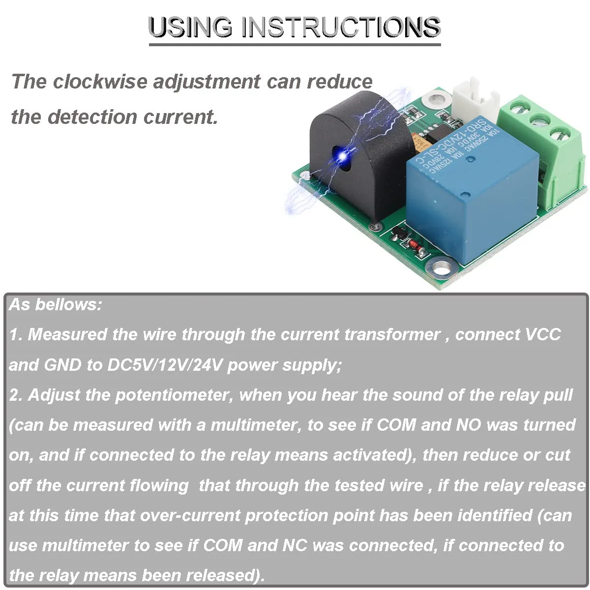 Youmile Current Detection Sensor AC Current Sensor Module 5V 12V 24V 0-5A Adjustable Relay Protection Module Overcurrent Protection Switching Output with Screwdriver (12V) Pack of 2 - Image 5