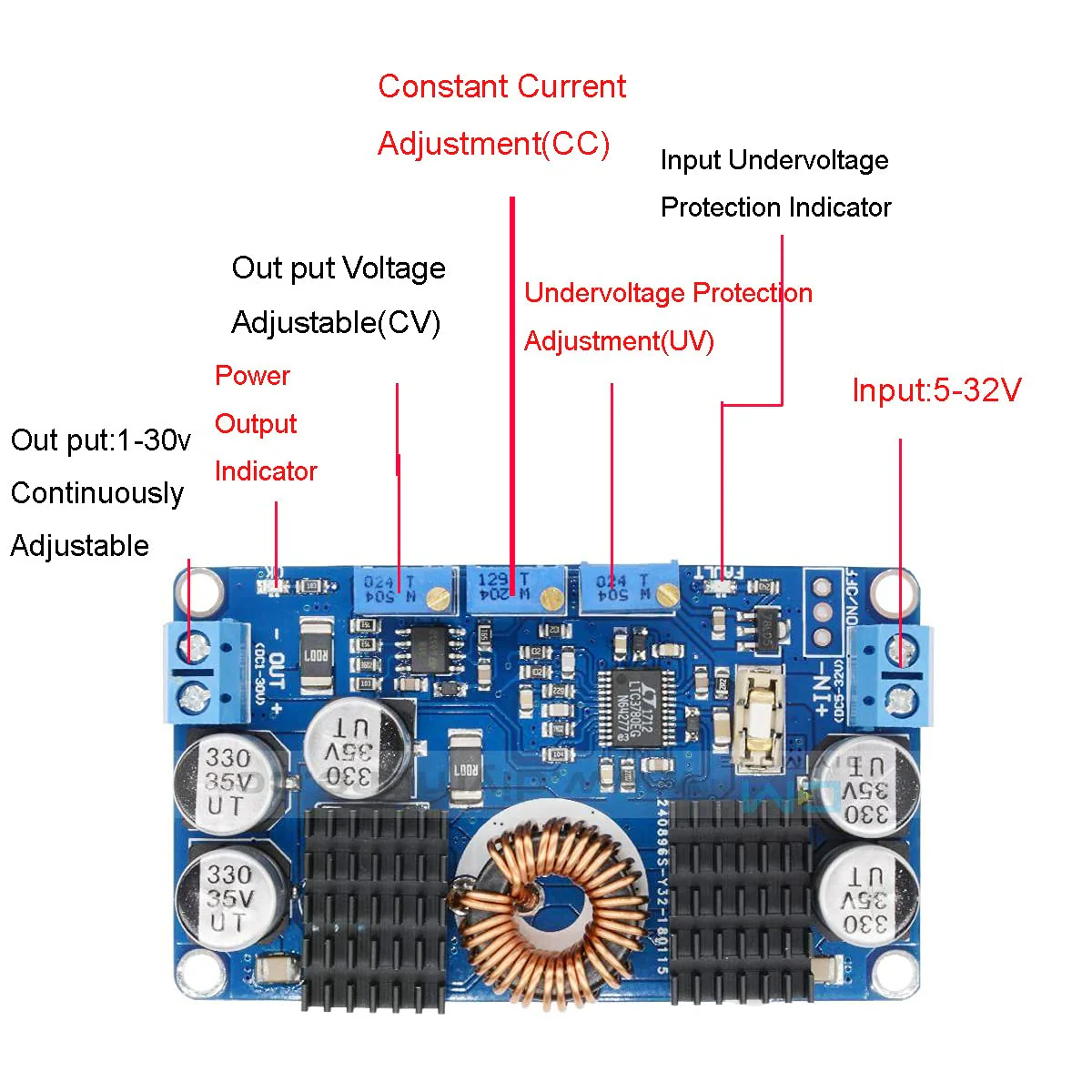 Youmile LTC3780 Boost Converter DC 5V-32V to 1V-30V 10A Constant Voltage Current Automatic Converter Step-Up Down Controller Charging Module with Cable - Image 5