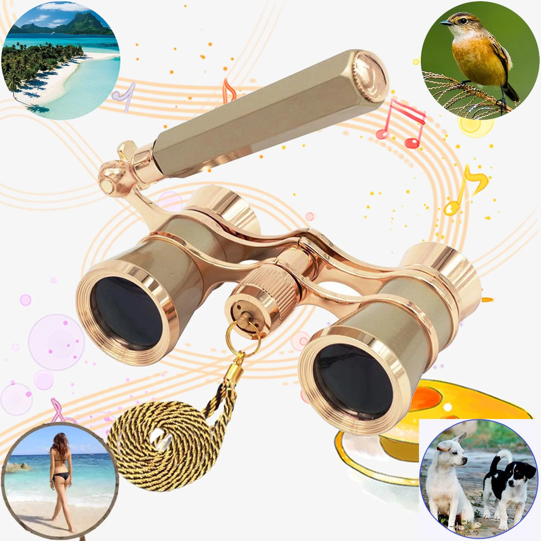 Yourelexit® Opera Glasses Binoculars 3X25 Lorgnette Theater Glasses Optical BK9 Mini Compact Lightweight Built-in Foldable Adjustable Handle Vintage for Adults Women Men in Musical Concert Cinema Gold With Handle and Neck Chain - Image 2