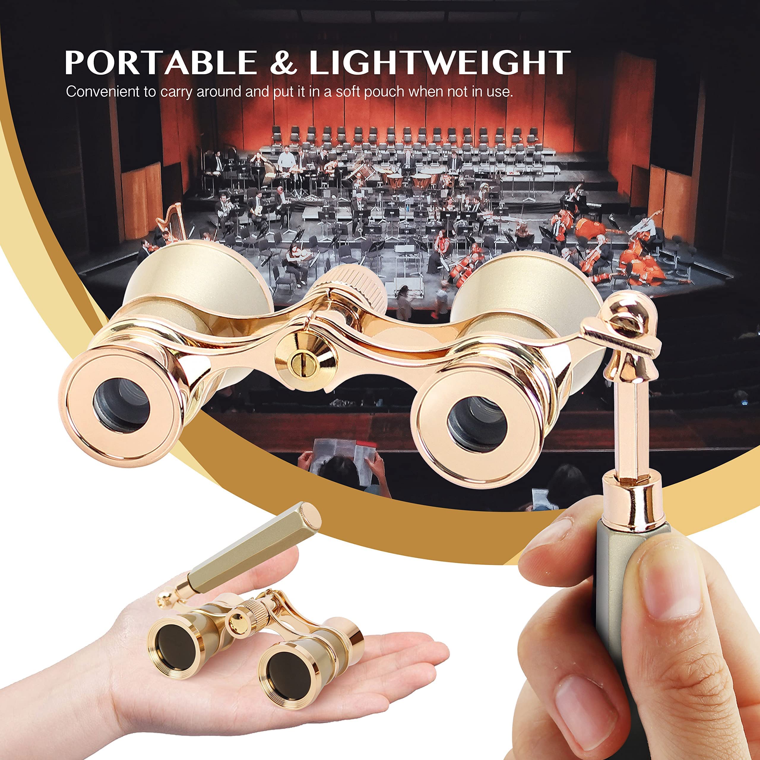 Yourelexit® Opera Glasses Binoculars 3X25 Lorgnette Theater Glasses Optical BK9 Mini Compact Lightweight Built-in Foldable Adjustable Handle Vintage for Adults Women Men in Musical Concert Cinema Gold With Handle and Neck Chain - Image 4