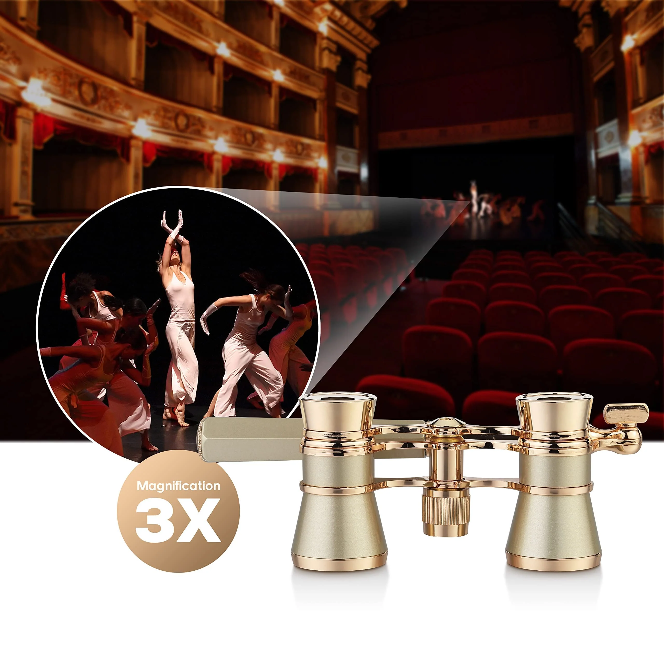 Yourelexit® Opera Glasses Binoculars 3X25 Lorgnette Theater Glasses Optical BK9 Mini Compact Lightweight Built-in Foldable Adjustable Handle Vintage for Adults Women Men in Musical Concert Cinema Gold With Handle and Neck Chain - Image 5