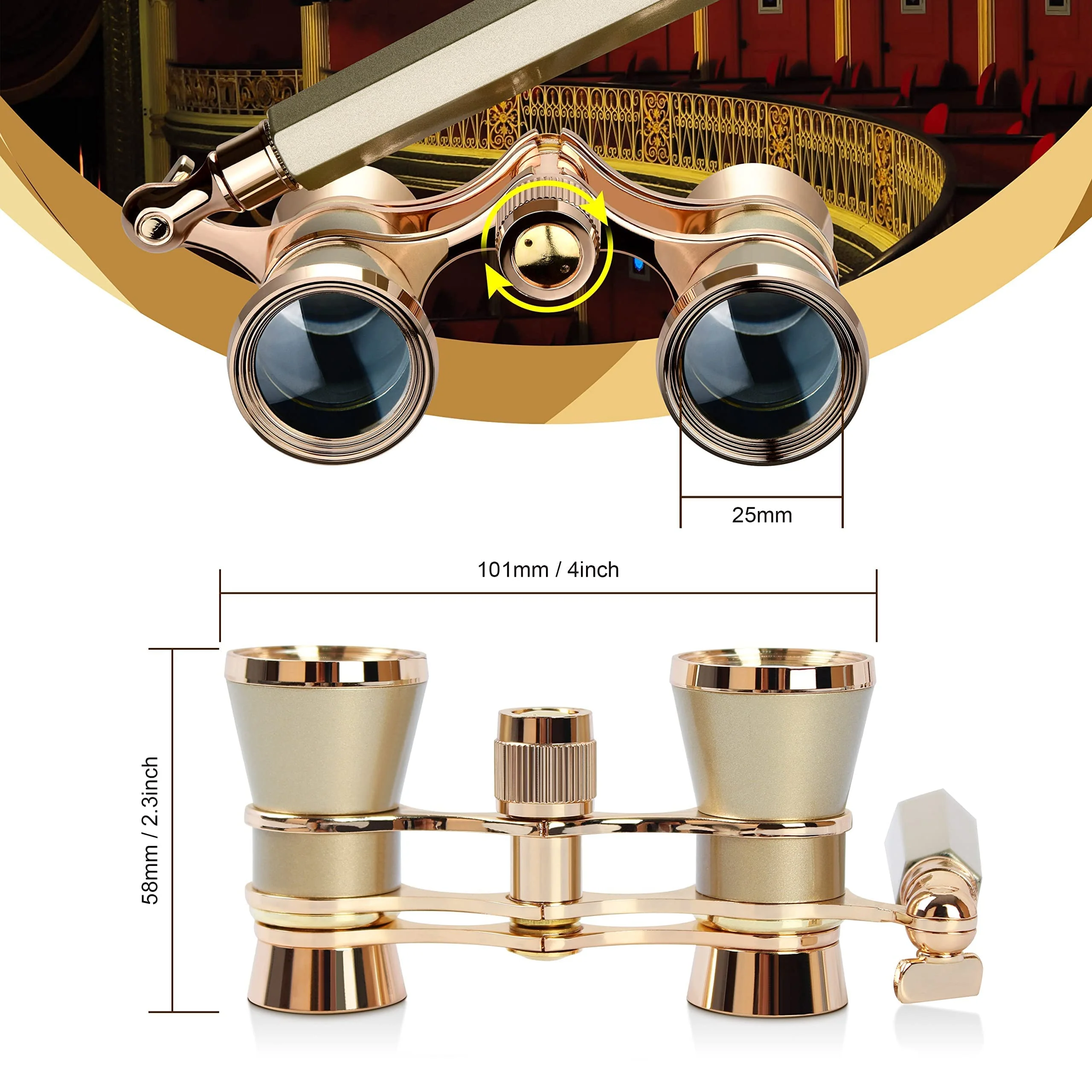 Yourelexit® Opera Glasses Binoculars 3X25 Lorgnette Theater Glasses Optical BK9 Mini Compact Lightweight Built-in Foldable Adjustable Handle Vintage for Adults Women Men in Musical Concert Cinema Gold With Handle and Neck Chain - Image 7