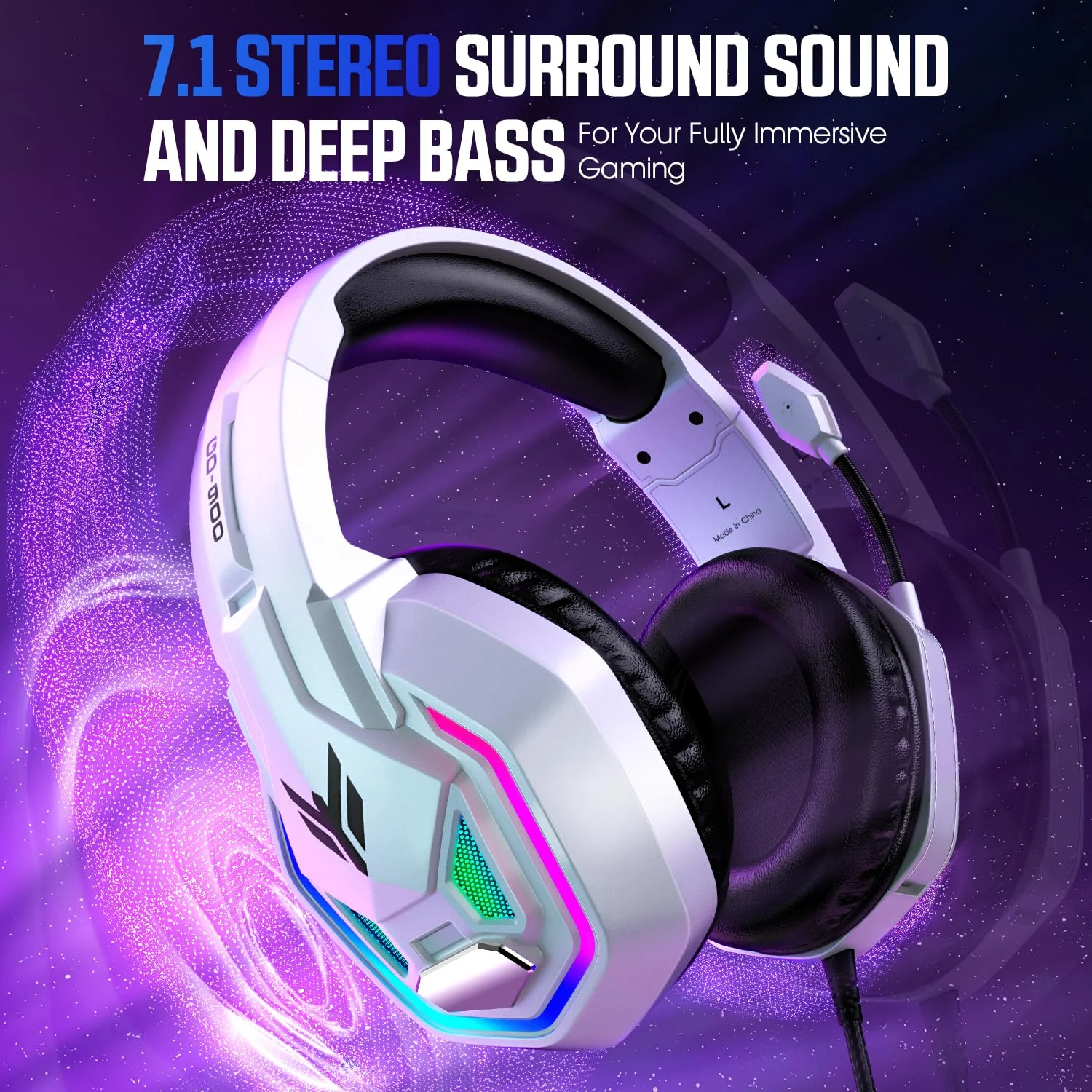 YPBDAN Gaming Headset for PS5, PS4, Xbox Series X|S, Xbox One, PC, Switch, Mac - RGB Over-Ear Headphones with 7.1 Surround Sound, Noise Cancelling Mic, 50mm Drivers & Memory Earmuffs for Nintendo 64 White - Image 6