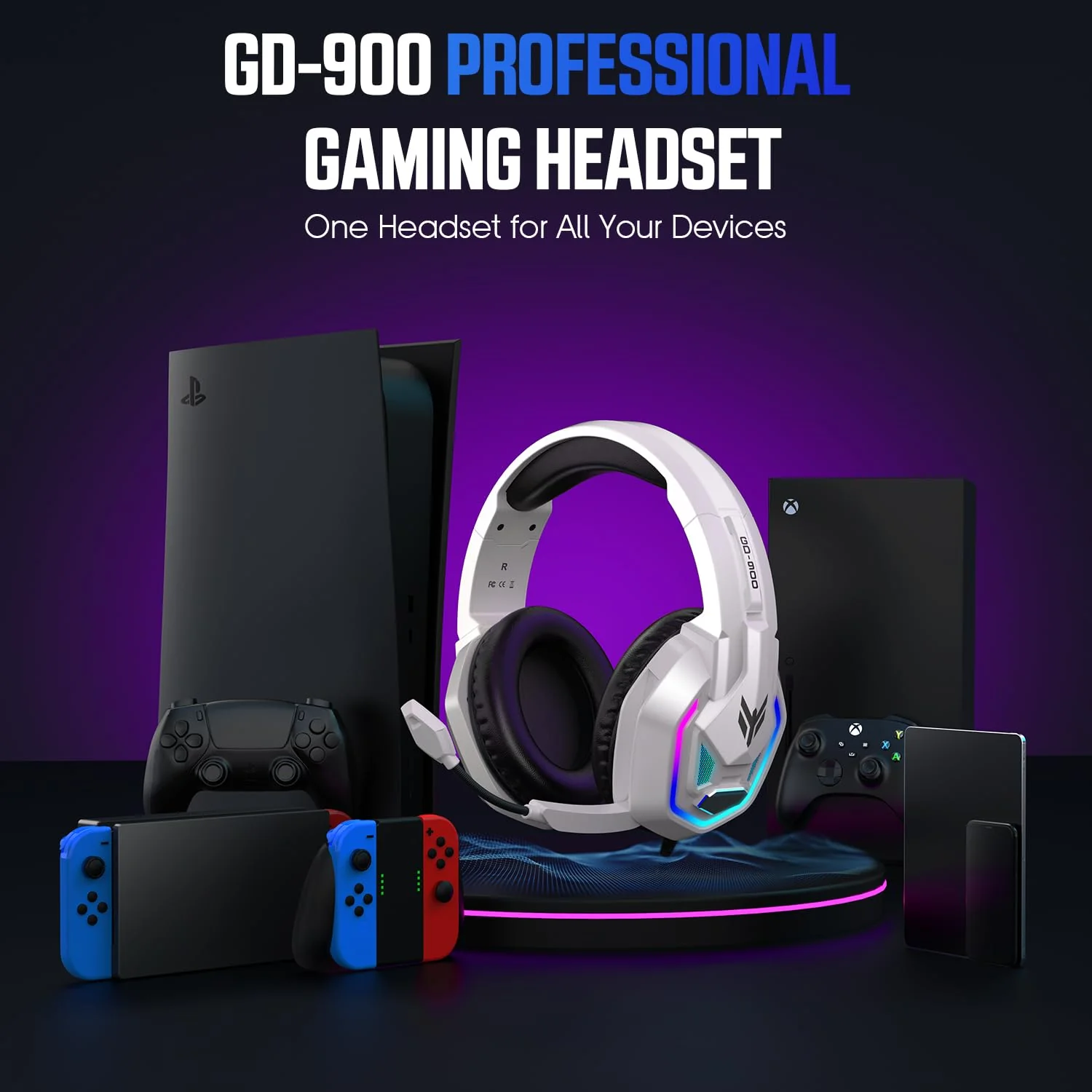 YPBDAN Gaming Headset for PS5, PS4, Xbox Series X|S, Xbox One, PC, Switch, Mac - RGB Over-Ear Headphones with 7.1 Surround Sound, Noise Cancelling Mic, 50mm Drivers & Memory Earmuffs for Nintendo 64 White - Image 9