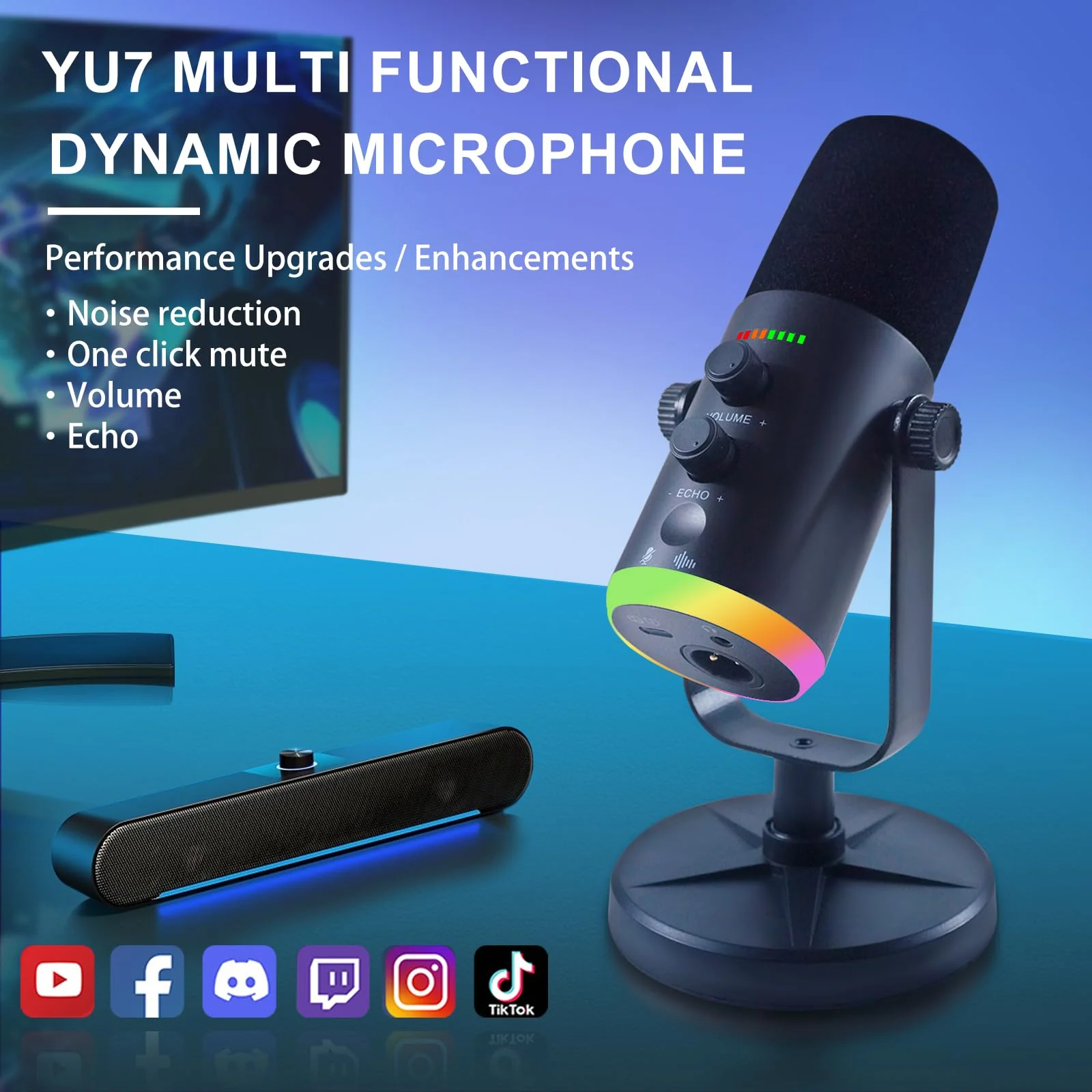 YU7 USB/XLR Dual-Mode Dynamic Gaming Microphone for PS5/PC/Mac/mobile Phones, 48kHz HiFi, Noise Reduction, RGB Gaming Light YouTube/TikTok Streaming Live mic, Can be Used for Microphone Stand - Image 2