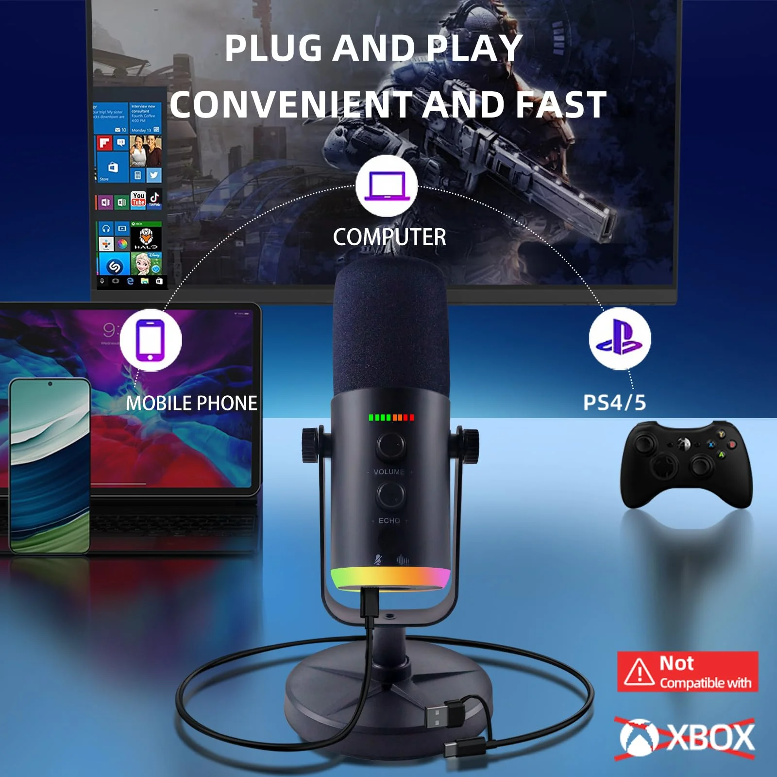 YU7 USB/XLR Dual-Mode Dynamic Gaming Microphone for PS5/PC/Mac/mobile Phones, 48kHz HiFi, Noise Reduction, RGB Gaming Light YouTube/TikTok Streaming Live mic, Can be Used for Microphone Stand - Image 4
