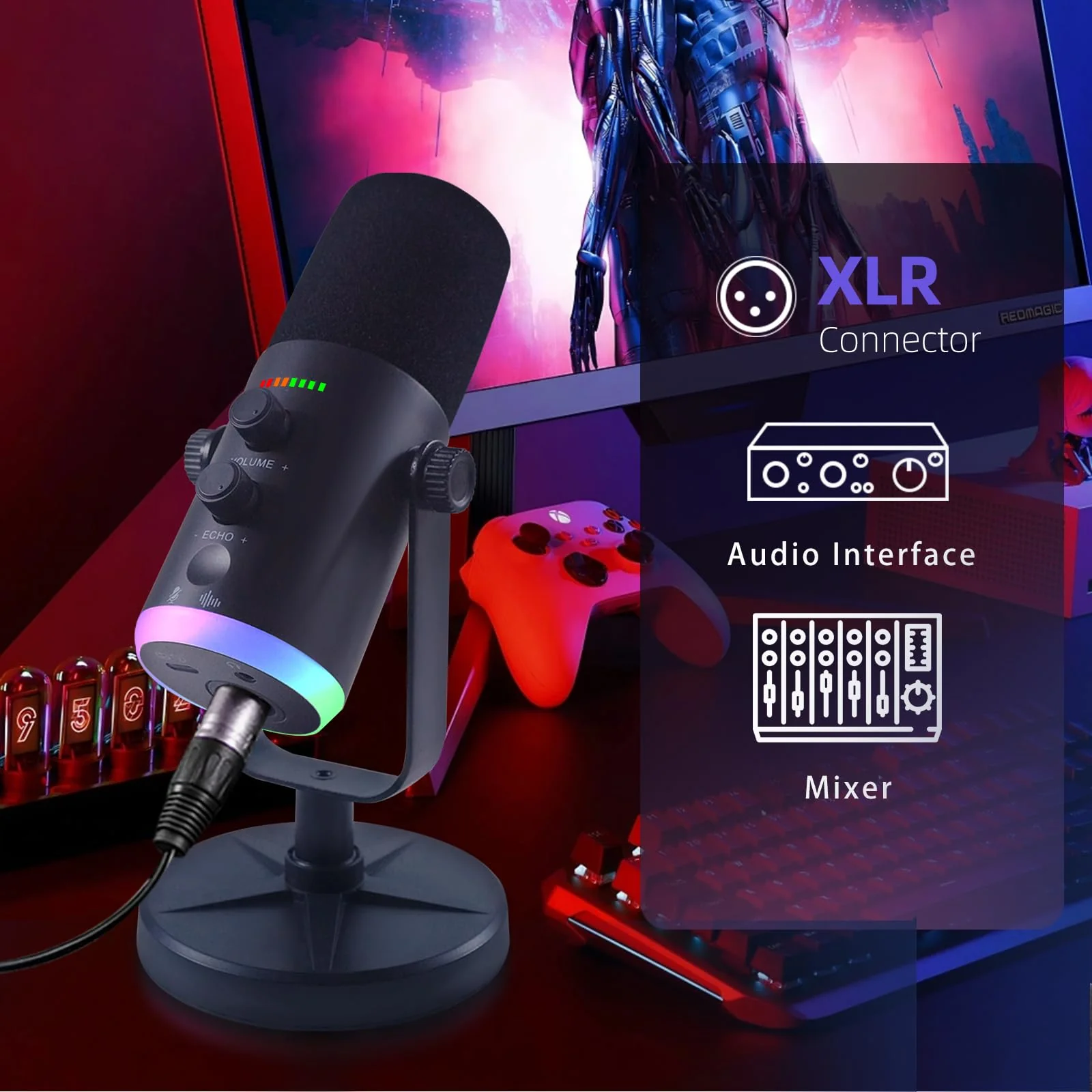 YU7 USB/XLR Dual-Mode Dynamic Gaming Microphone for PS5/PC/Mac/mobile Phones, 48kHz HiFi, Noise Reduction, RGB Gaming Light YouTube/TikTok Streaming Live mic, Can be Used for Microphone Stand - Image 5