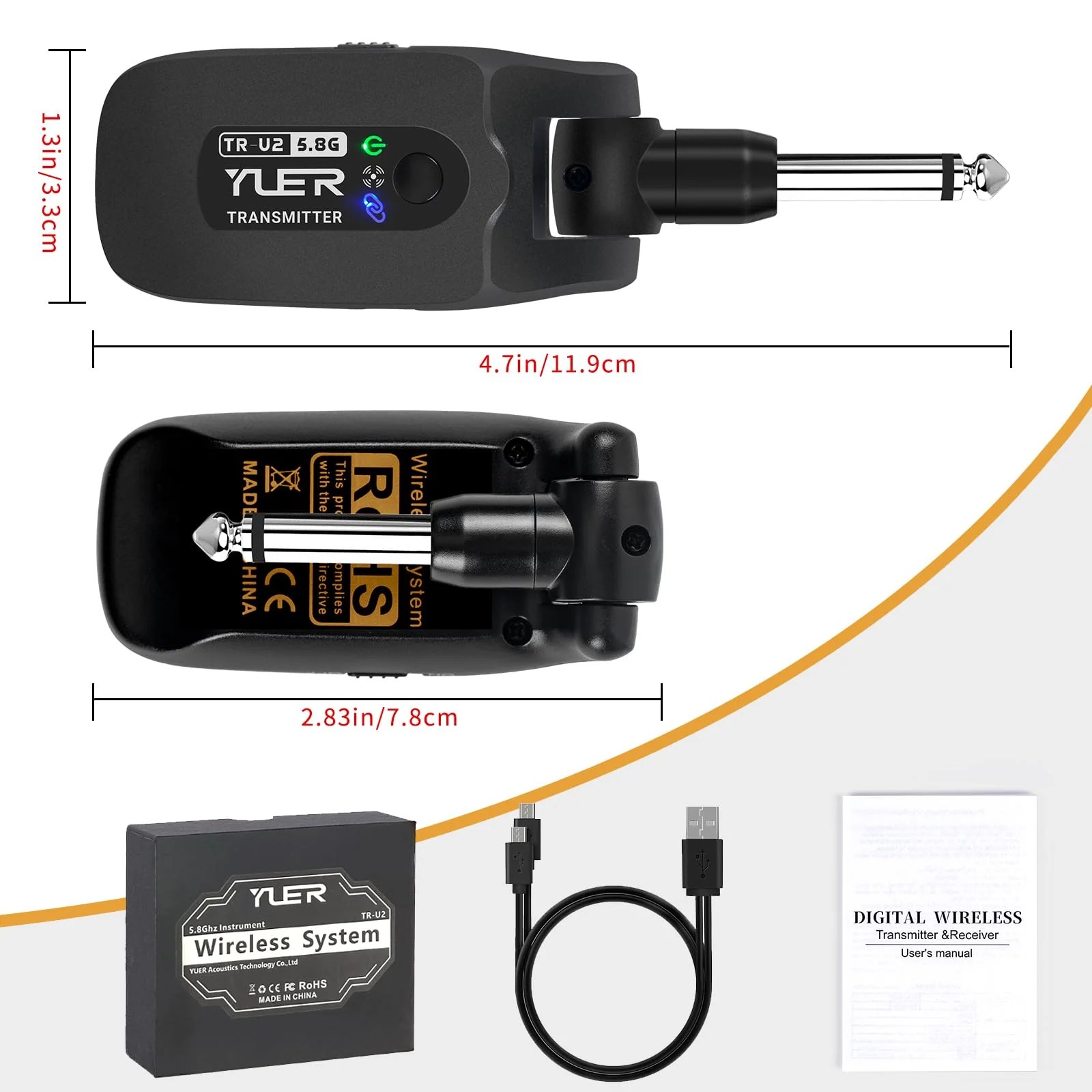 YUER 5.8GHz Wireless Guitar System: Anti Interference Wireless Transmitter Receiver, Rechargeable Plug And Play Guitar Accessories for Electric Guitar Bass with Dual Ended USB Charging Cable - Image 2
