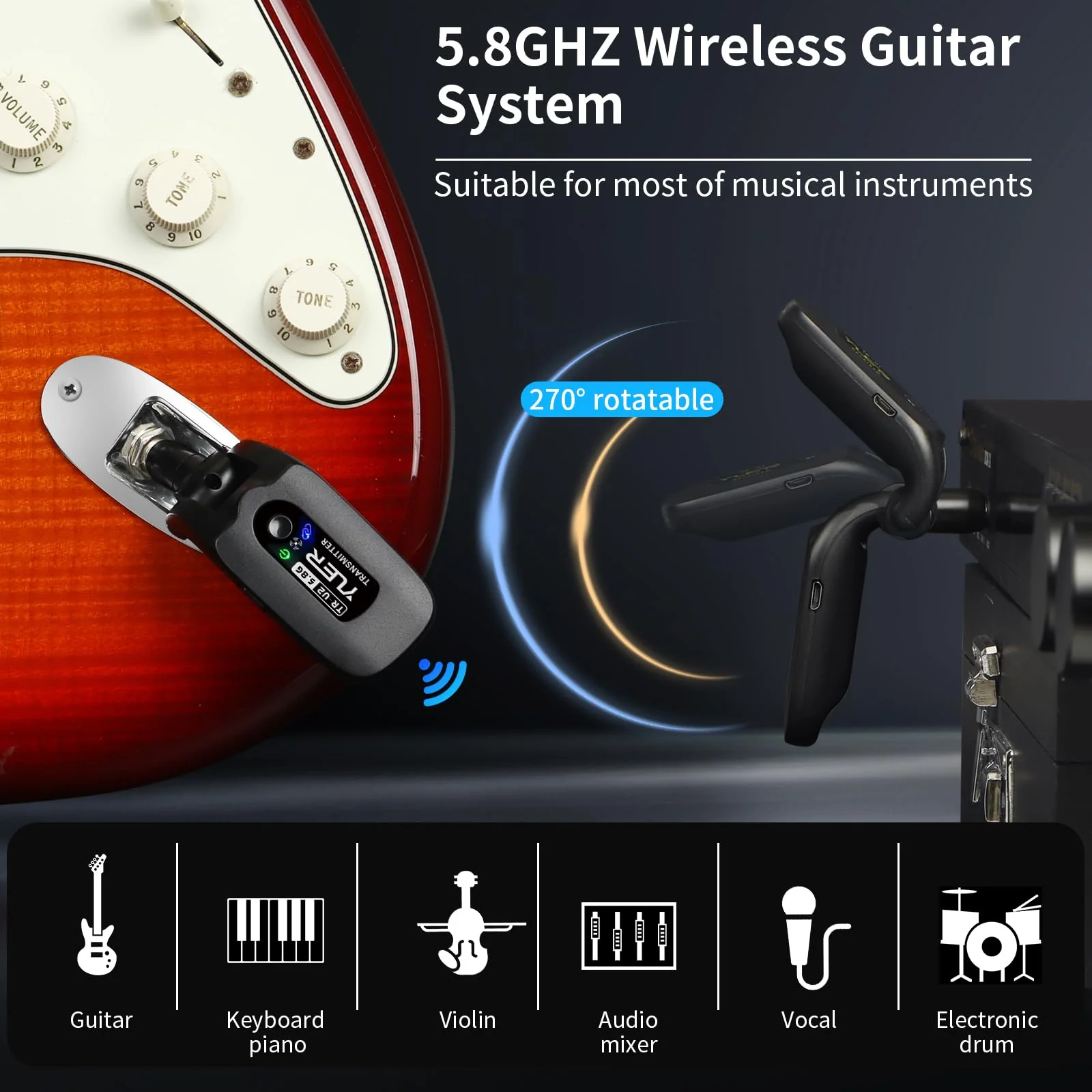 YUER 5.8GHz Wireless Guitar System: Anti Interference Wireless Transmitter Receiver, Rechargeable Plug And Play Guitar Accessories for Electric Guitar Bass with Dual Ended USB Charging Cable - Image 5