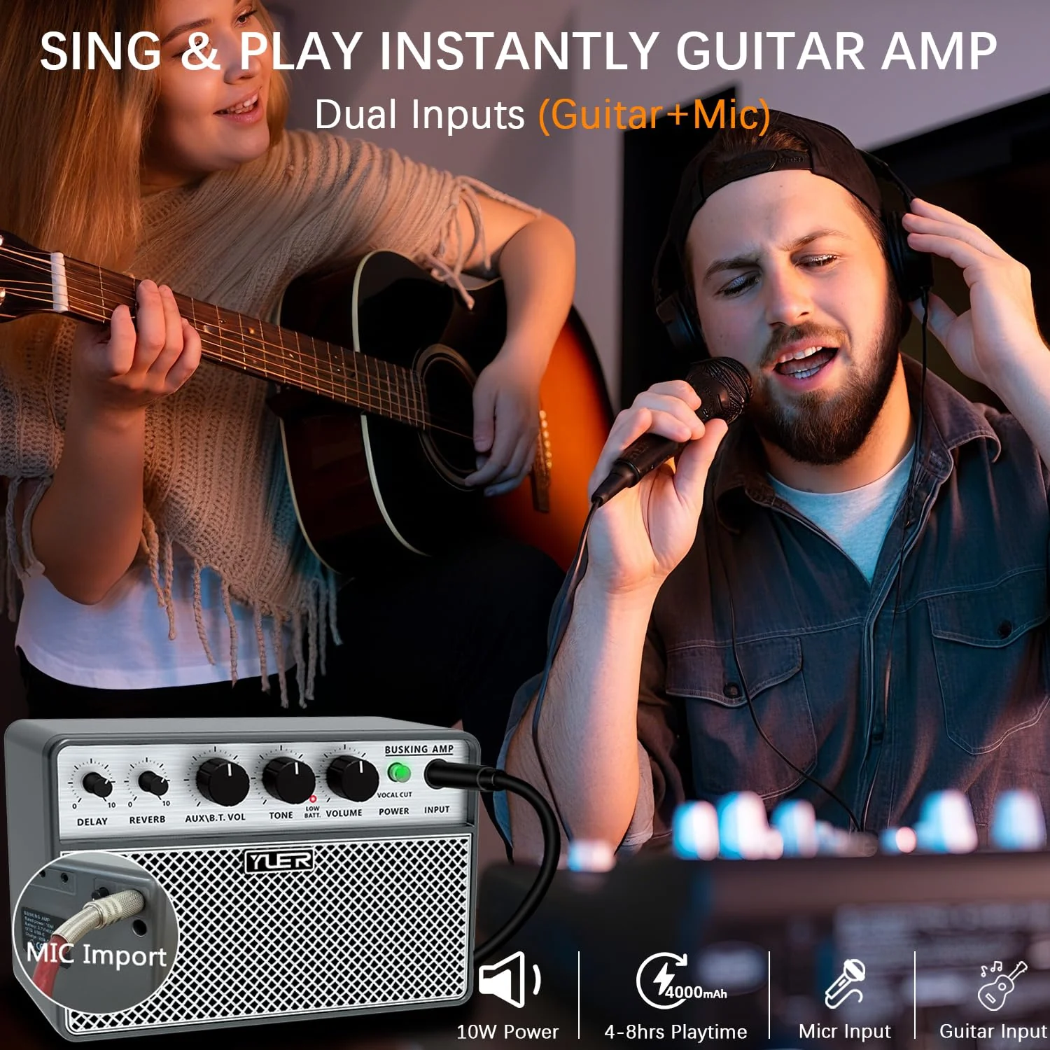 Yuer BA-10Pro 10W Acoustic Guitar Amp, Portable Vocal & Guitar Amplifier with Digital Delay/Reverb Effect Headphone Jack/OTG Wireless Small Guitars Amp for Recording, Practice, Travel with Carry Bag - Image 2