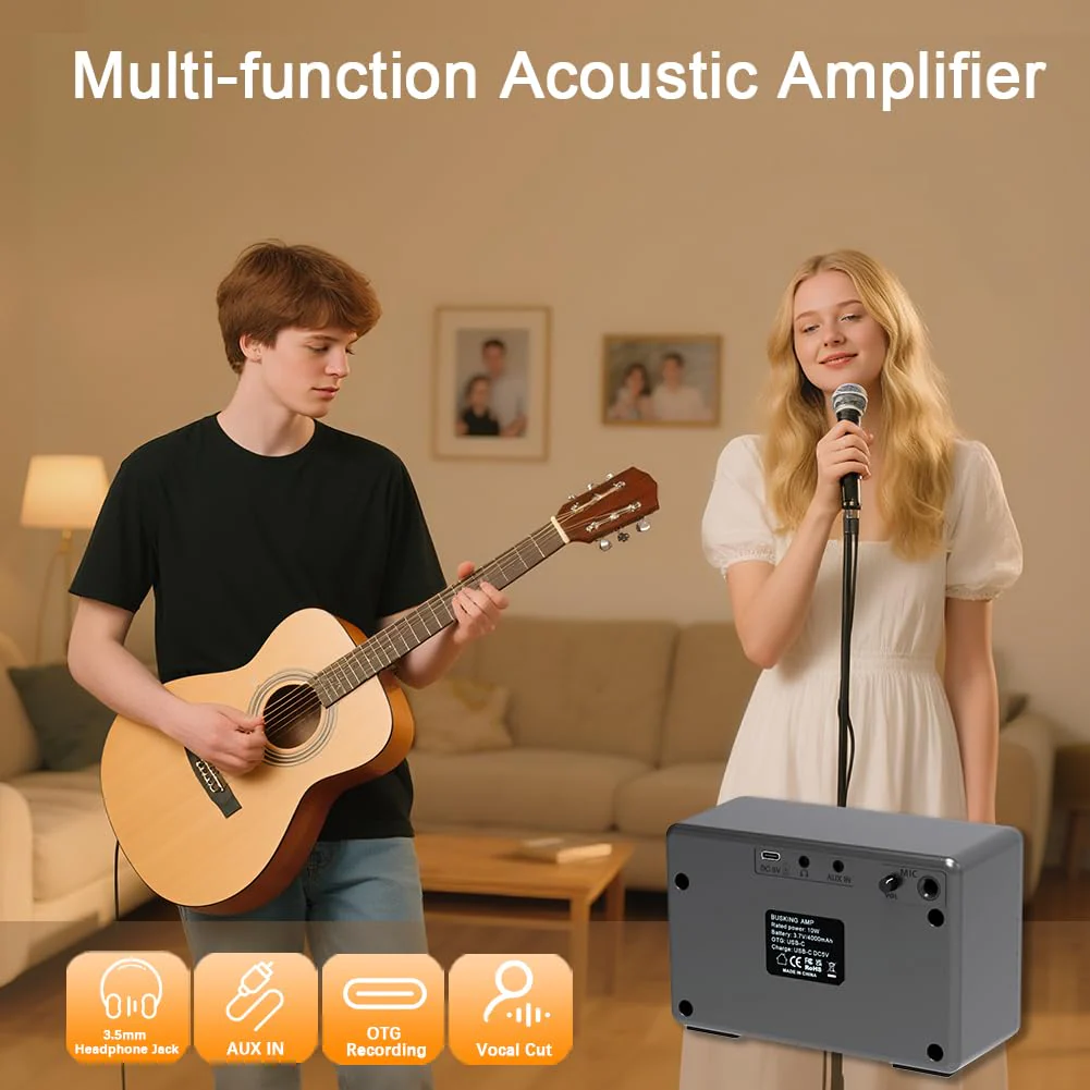 Yuer BA-10Pro 10W Acoustic Guitar Amp, Portable Vocal & Guitar Amplifier with Digital Delay/Reverb Effect Headphone Jack/OTG Wireless Small Guitars Amp for Recording, Practice, Travel with Carry Bag - Image 5