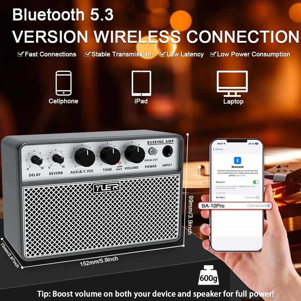 Yuer BA-10Pro 10W Acoustic Guitar Amp, Portable Vocal & Guitar Amplifier with Digital Delay/Reverb Effect Headphone Jack/OTG Wireless Small Guitars Amp for Recording, Practice, Travel with Carry Bag - Image 6