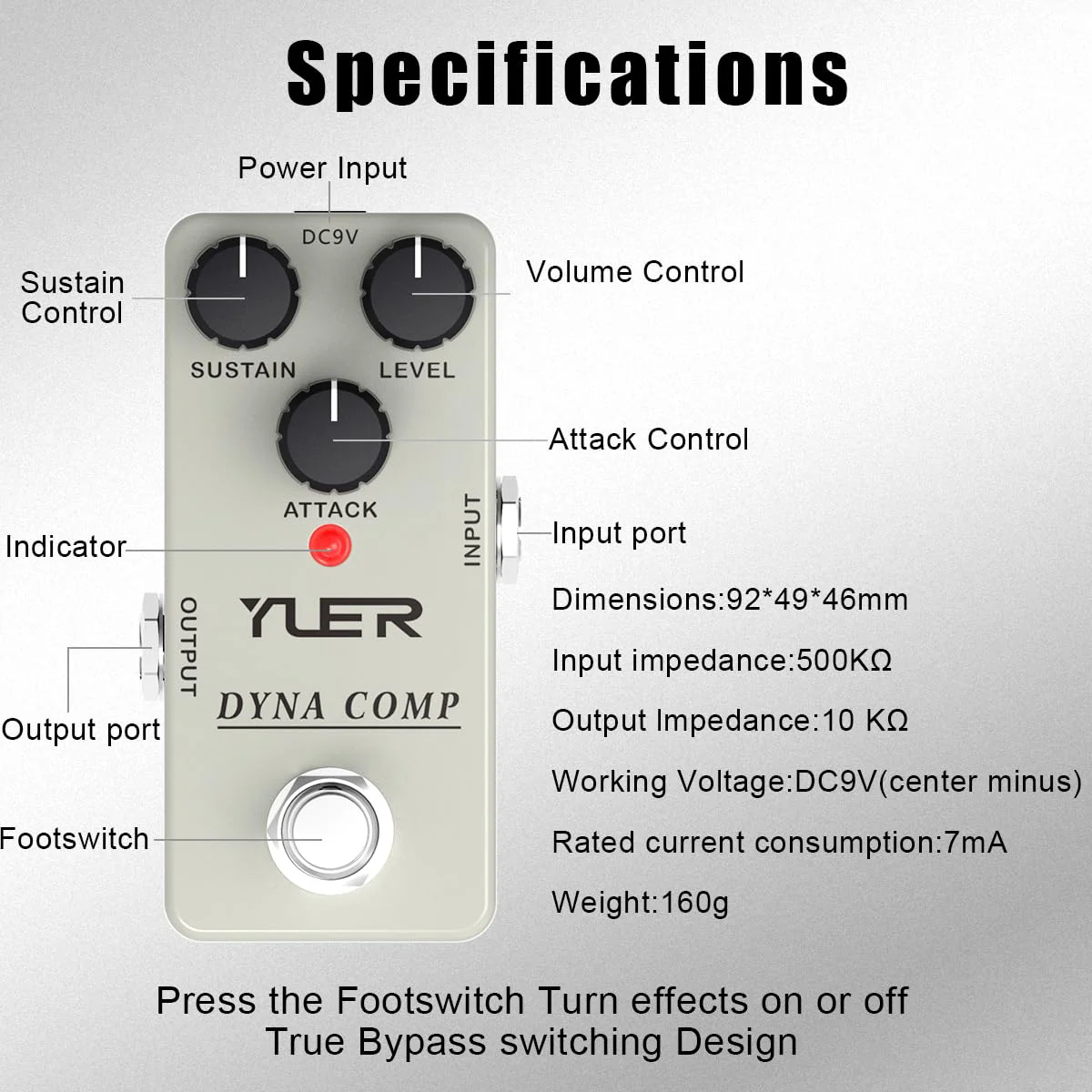 YUER Beginner Guitar Compressor Pedal Mini Dyna Compression Effect Pedal for Electric Guitar Analog Comp Easy to Use True Bypass Aluminum Case with Footswitch Cap - Image 5