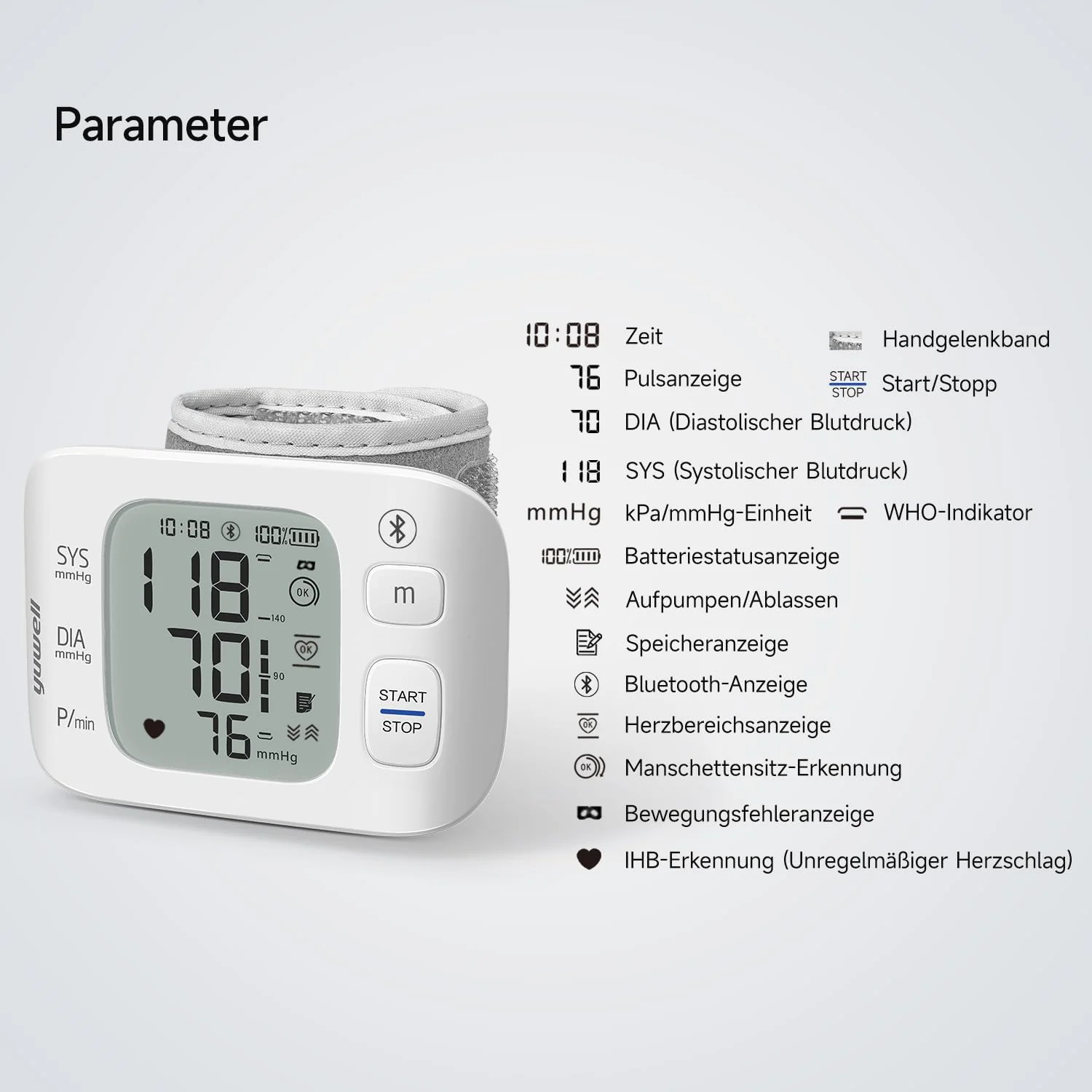 yuwell Intelligent Rechargeable Wrist Blood Pressure Monitor for Home Use, Large Blood Pressure Cuff, Blood Pressure Device with Irregular Heartbeat and Voice Function (YE8800AR) Ye8800ar - Image 8