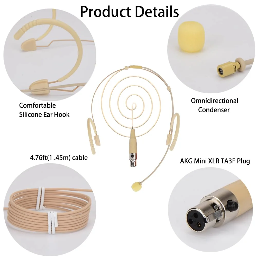 YXG Headworn Earset Over Ear Hanging Mic Beige Low Profile Light-Weight Microphone Compatible with AKG Wireless System Bodypack Transmitter,with 1.45m Cable Mini XLR Plug - Image 6