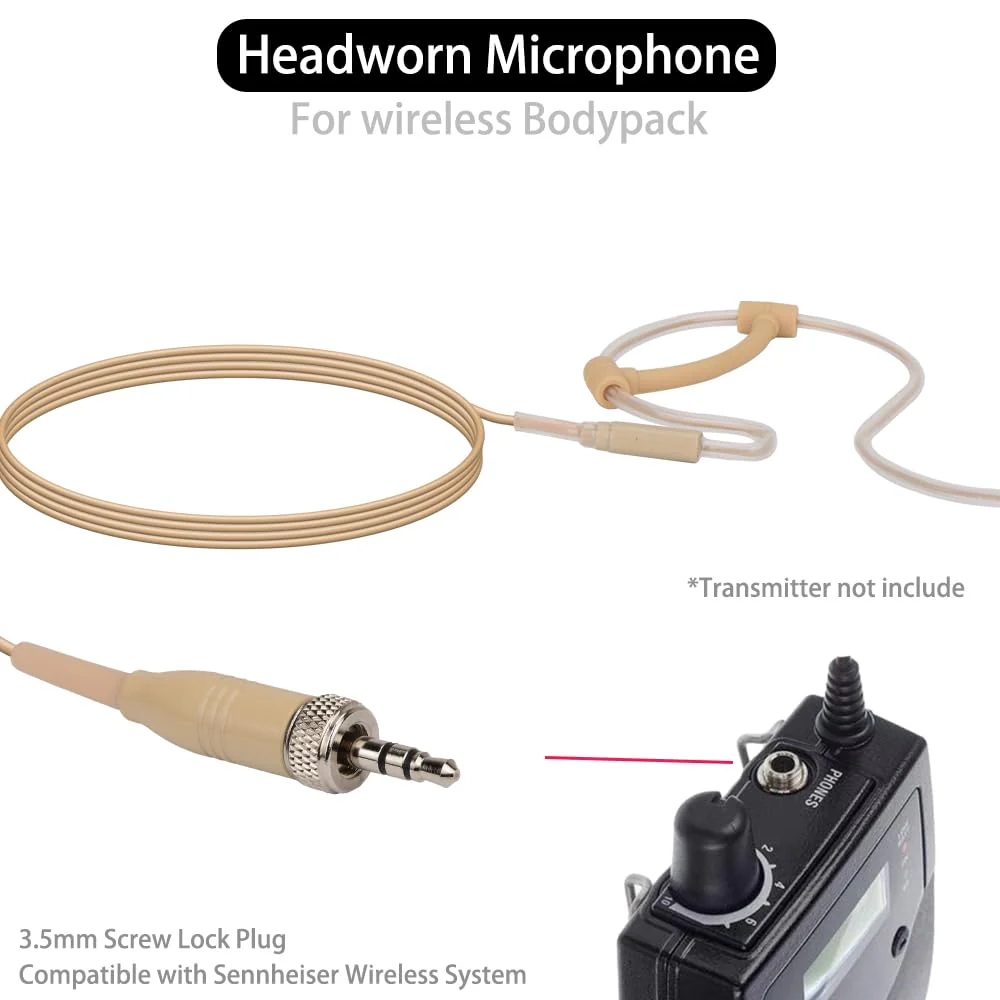 YXG Headworn Earset Over Ear Hanging Mic Beige Low Profile Light-Weight Microphone Compatible with Sennheiser Wireless System Bodypack Transmitter, with 3.5mm Female Screw Plug - Image 4