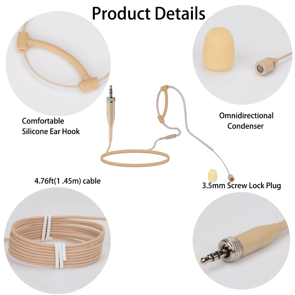 YXG Headworn Earset Over Ear Hanging Mic Beige Low Profile Light-Weight Microphone Compatible with Sennheiser Wireless System Bodypack Transmitter, with 3.5mm Female Screw Plug - Image 6