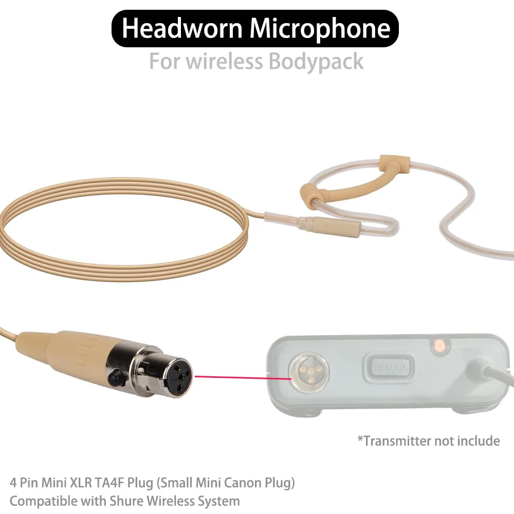 YXG Headworn Earset Over Ear Hanging Mic Beige Low Profile Light-Weight Microphone Compatible with Shure Wireless System Bodypack Transmitter with 1.45m Cable Mini XLR 4 Pin TA4F Plug - Image 3