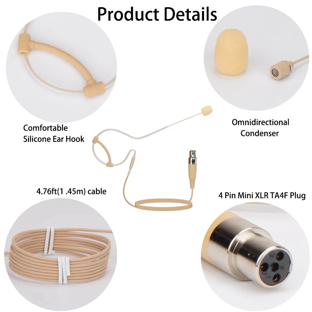 YXG Headworn Earset Over Ear Hanging Mic Beige Low Profile Light-Weight Microphone Compatible with Shure Wireless System Bodypack Transmitter with 1.45m Cable Mini XLR 4 Pin TA4F Plug - Image 5