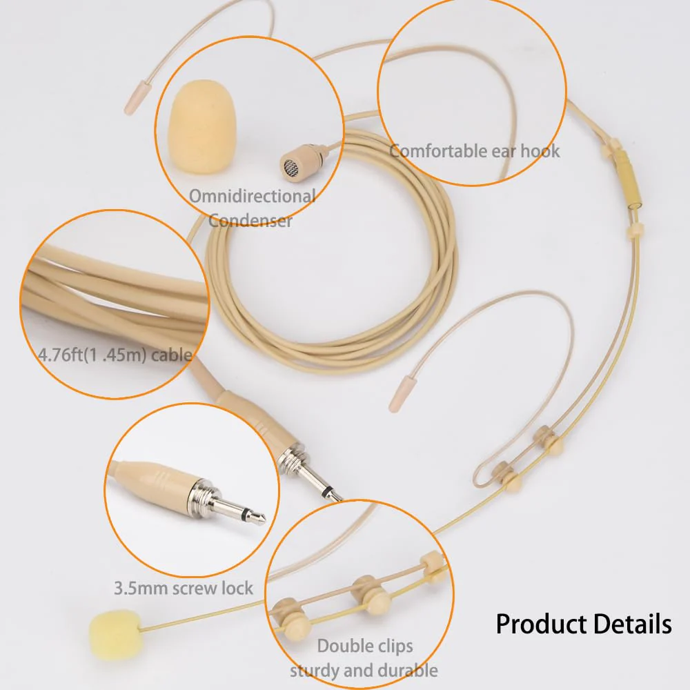YXG Headworn Earset Over Ear Hanging Mic Beige Low Profile Light-Weight Microphone, with1.45m Cable 3.5mm Thread Screw Lock Head，for Wireless System & Body/Belt Pack Transmitter - Image 5