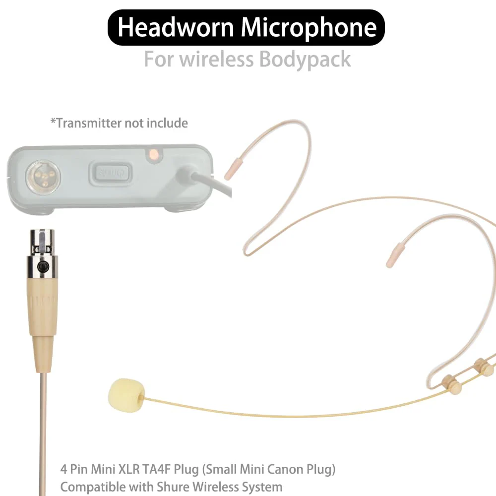 YXG Headworn Earset Over Ear Hanging Mic Low Profile Light-Weight Microphone Compatible with Shure Wireless System Bodypack Transmitter with 1.45m Cable Mini XLR 4 Pin TA4F Plug(Skin Tone), Beige MIC - Image 3