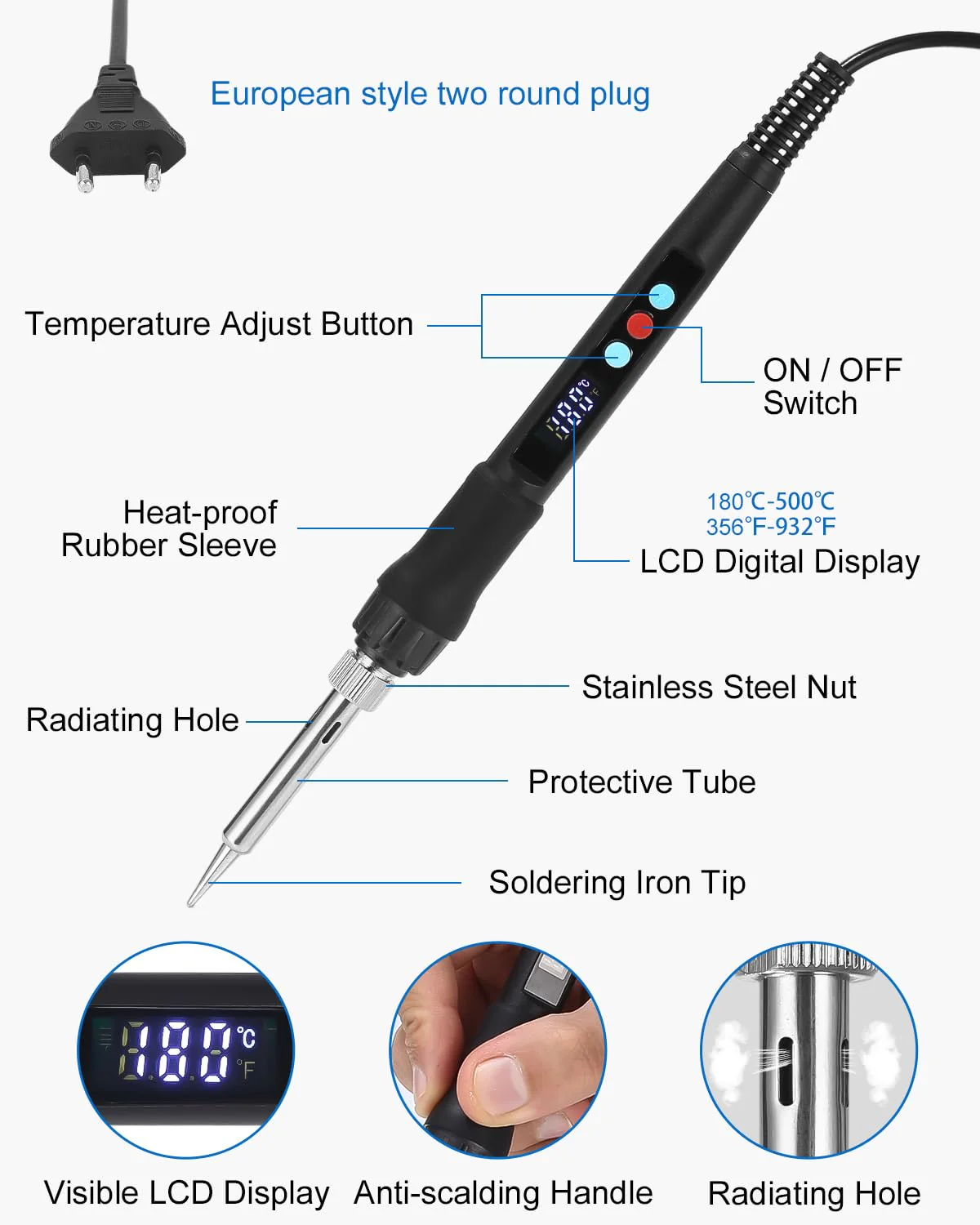 Zawaer Soldering Iron Set, 100 W LED Soldering Iron with Adjustable and Locking Temperatures 180 °C - 500 °C, with On/Off, 10 g Soldering Wire, 5 Soldering Tips, Soldering Iron Stand, Soldering Set Black - Image 2