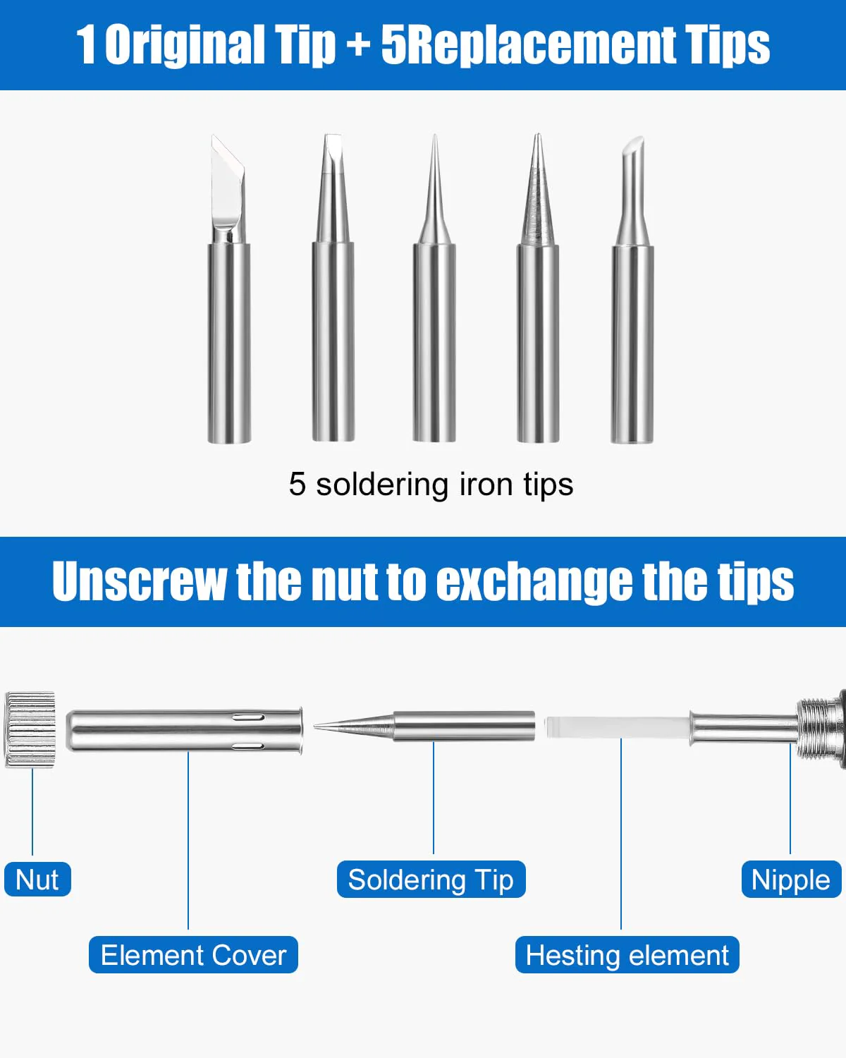 Zawaer Soldering Iron Set, 100 W LED Soldering Iron with Adjustable and Locking Temperatures 180 °C - 500 °C, with On/Off, 10 g Soldering Wire, 5 Soldering Tips, Soldering Iron Stand, Soldering Set Black - Image 3