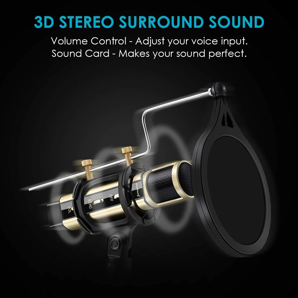 ZealSound Recording Microphone k08 Gold + Gooseneck Microphone Arm Stand - Image 9