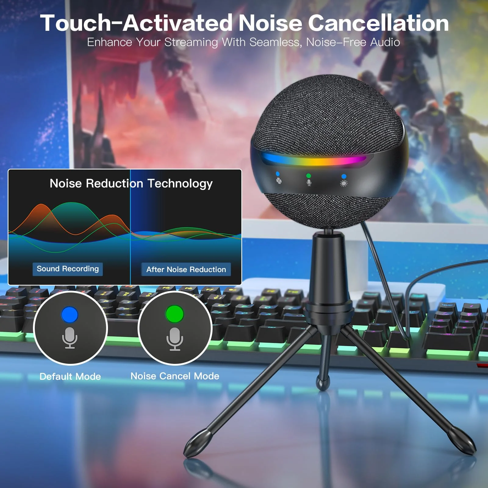 ZealSound RGB USB Microphone for iPhone/PC,Mic for Phone,ASMR,Gaming,Noise Cancel Microphones with Touch Mute/Echo/Volume Gain,Real Time Monitor,Podcast,Zoom YouTube Discord Twitch Video - Image 3