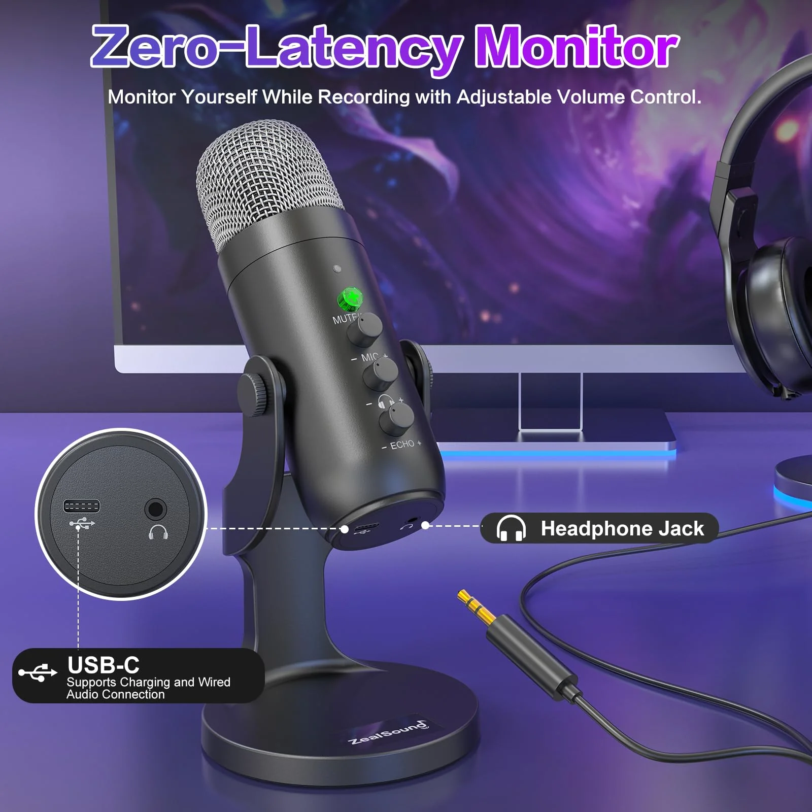 ZealSound Wireless Microphone,USB Mic for iPhone PC iPad Android Phone-Cordless Condenser Desktop Microphones with Mute Echo Monitor Volume Gain 2.4GHz for Podcast,ASMR,Gaming,YouTube Video/K66 Black - Image 5