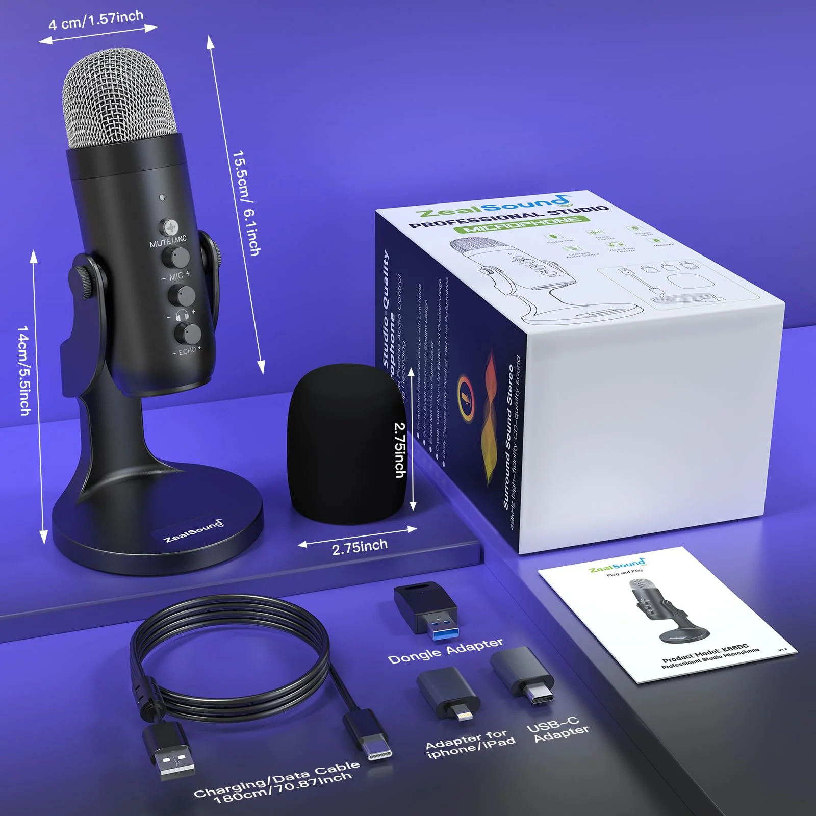 ZealSound Wireless Microphone,USB Mic for iPhone PC iPad Android Phone-Cordless Condenser Desktop Microphones with Mute Echo Monitor Volume Gain 2.4GHz for Podcast,ASMR,Gaming,YouTube Video/K66 Black - Image 7