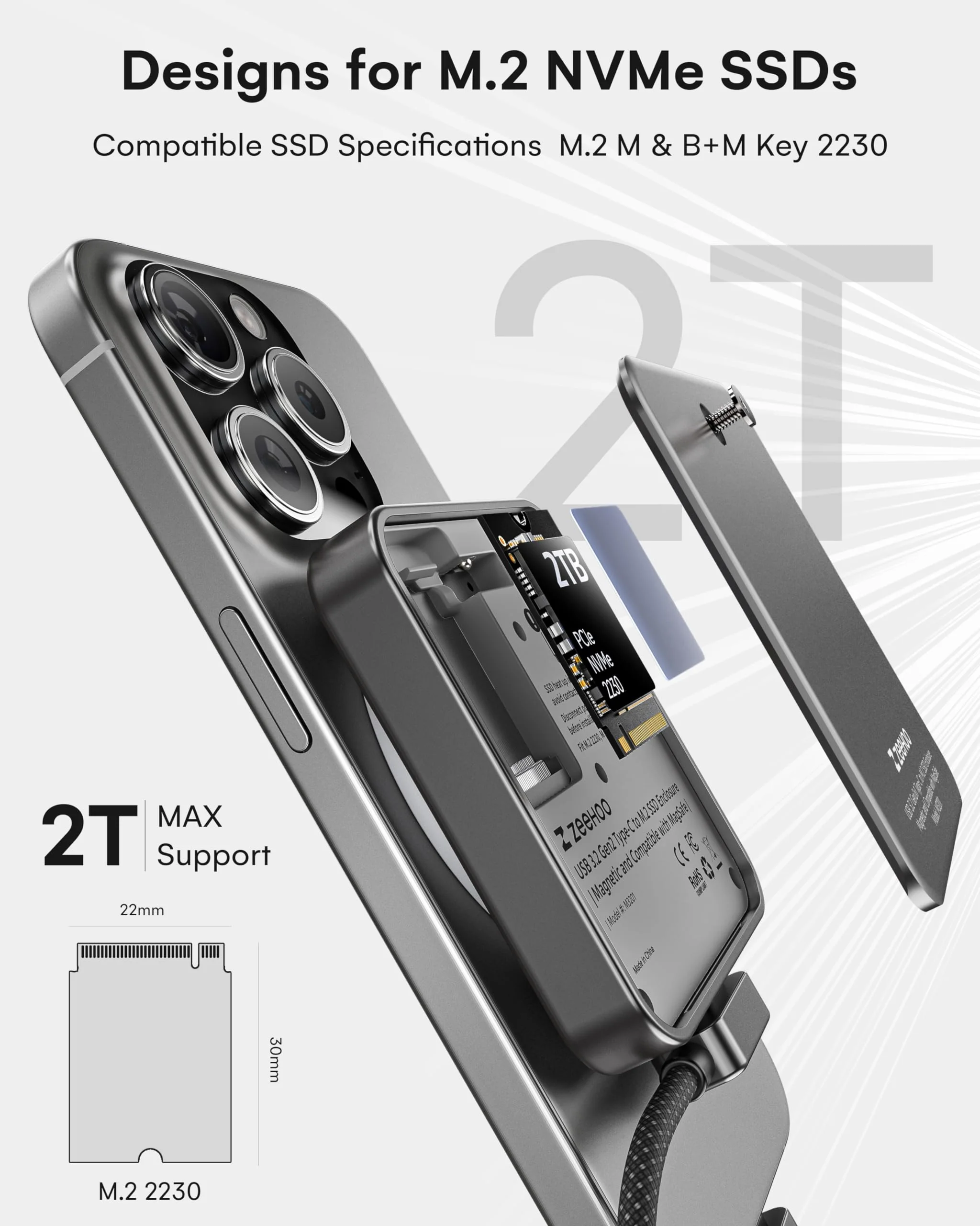 ZeeHoo Magnetic 2230 NVMe M.2 SSD Enclosure, 10Gbps USB C 3.2 to NVMe M.2 Adapter, Aluminum External SSD Case, Support M-Key B+M Key UASP - Image 2
