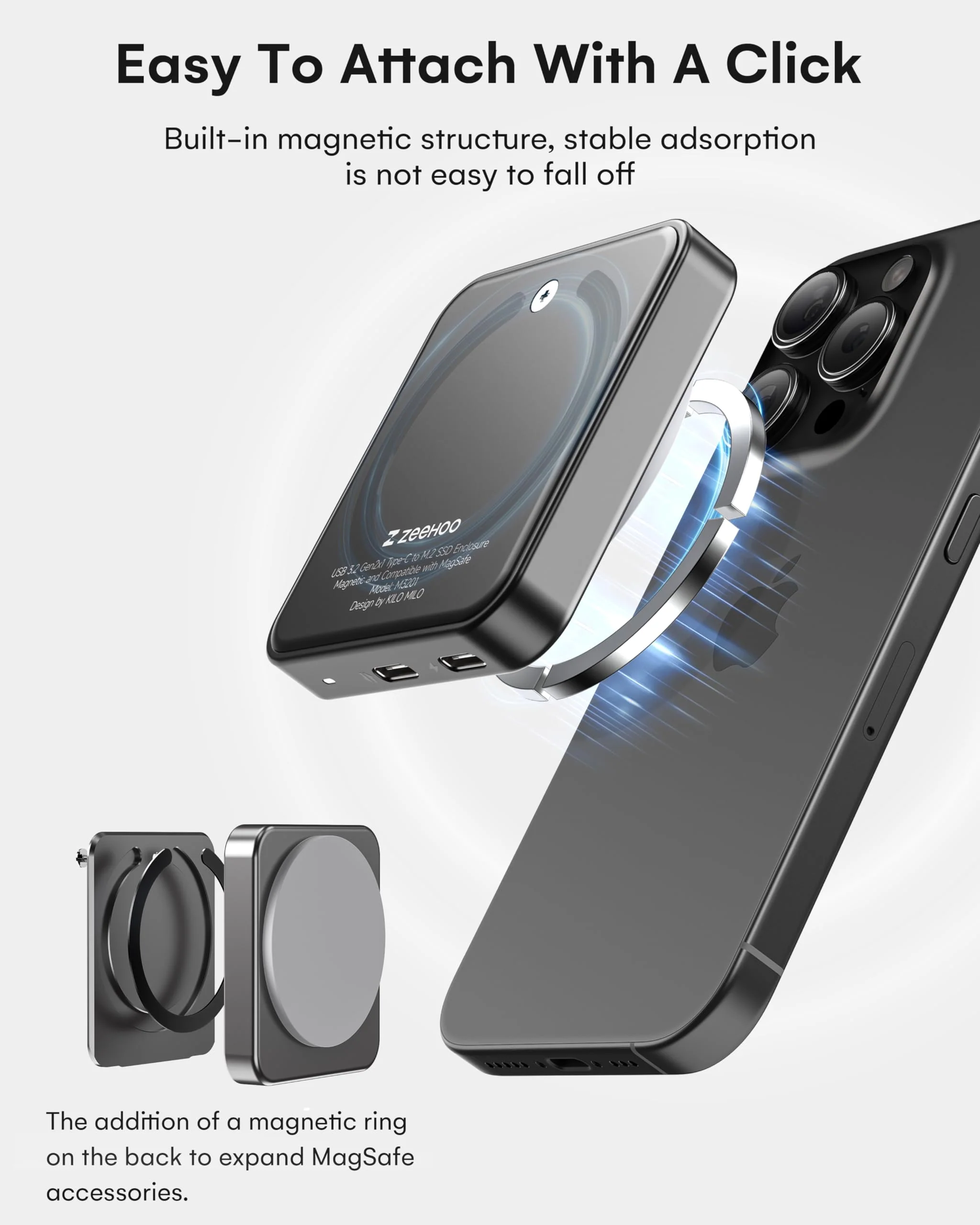 ZeeHoo Magnetic 2230 NVMe M.2 SSD Enclosure, 10Gbps USB C 3.2 to NVMe M.2 Adapter, Aluminum External SSD Case, Support M-Key B+M Key UASP - Image 3