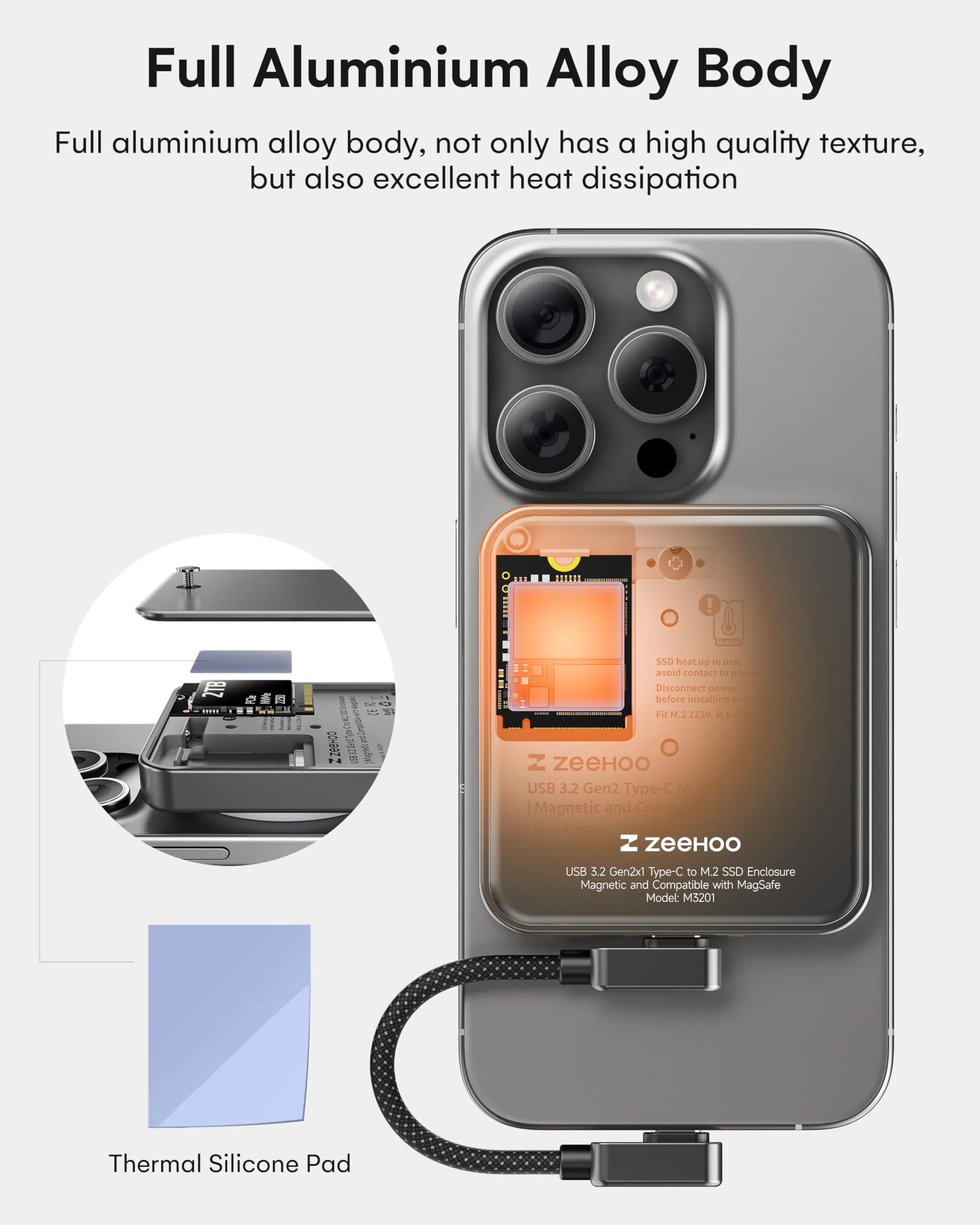 ZeeHoo Magnetic 2230 NVMe M.2 SSD Enclosure, 10Gbps USB C 3.2 to NVMe M.2 Adapter, Aluminum External SSD Case, Support M-Key B+M Key UASP - Image 7