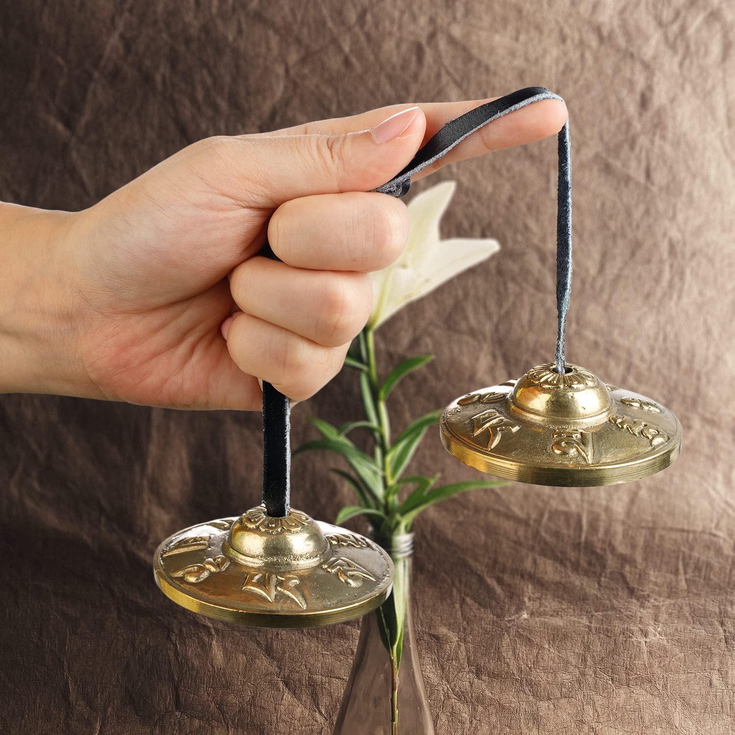 ZenBless Tibetan Tingsha Cymbals 2pcs, with Storage Box and Fabric Case, Meditation Sanskrit Brass Chime Bells for Spiritual Healing Mindfulness, Yoga Buddhist, Relaxation Musical Instruments 2.6 in(6.6cm) Sanskrit(brass) - Image 2