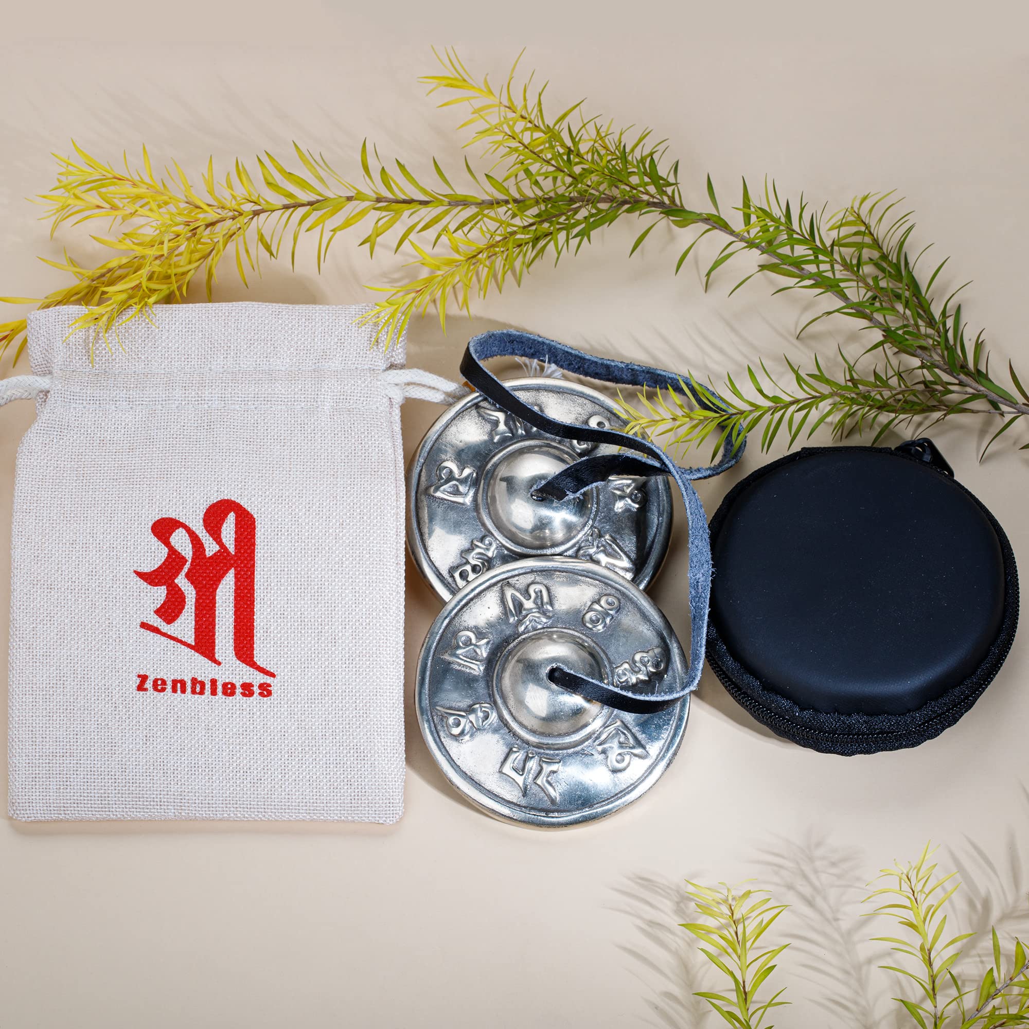 ZenBless Tibetan Tingsha Cymbals 2pcs, with Storage Box and Fabric Case, Meditation Sanskrit White Brass Chime Bells for Spiritual Healing Mindfulness, Yoga Buddhist, Relaxation Musical Instruments 2.75 in(7cm) Sanskrit(white brass) - Image 2