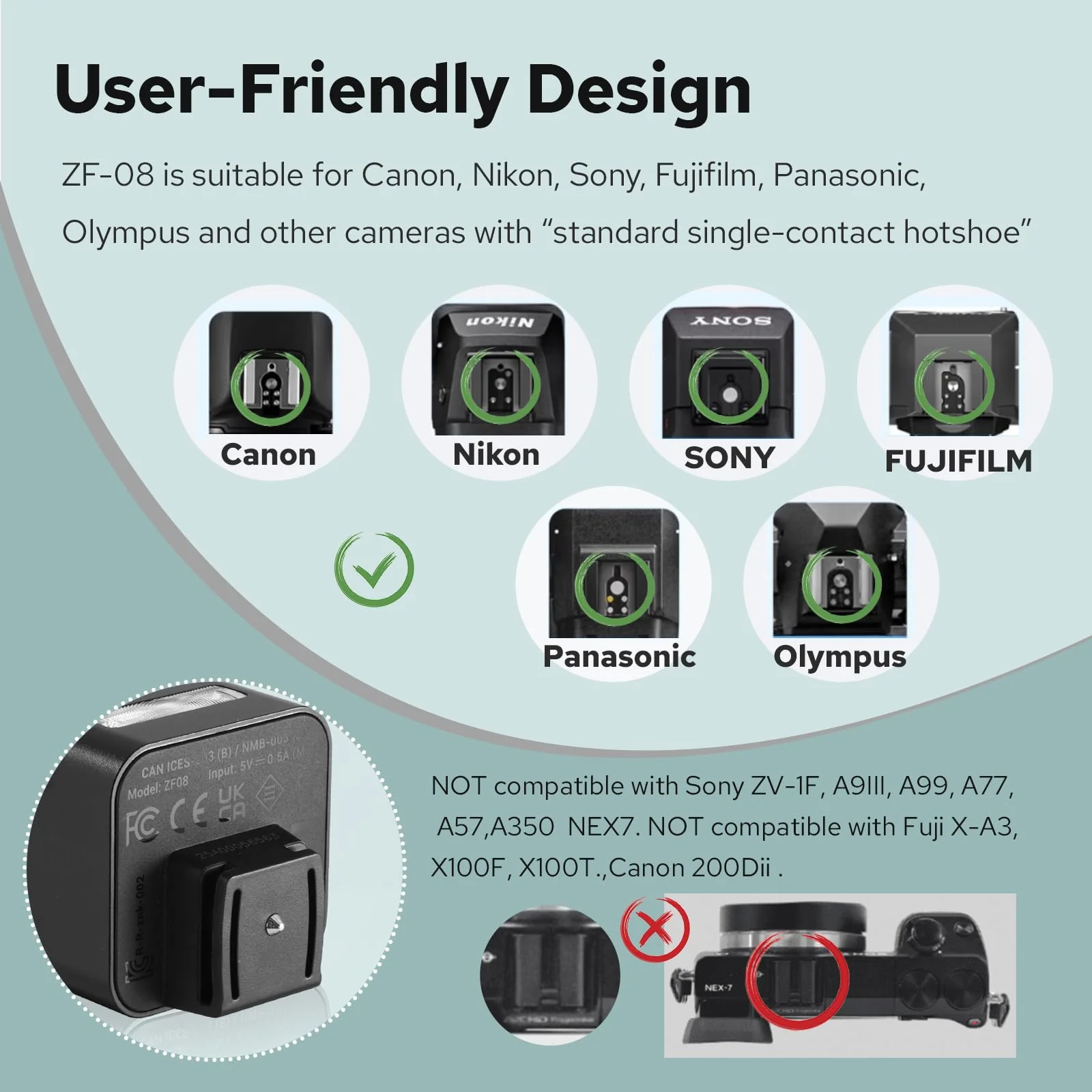 Zeniko ZF08 Aluminum Mini Flash Speedlite, 440 Full-Power On Camera Flash,CCT 6500K±200K Small Camera Flash for Canon/Fuji/Sony zv1/Sony zve10/Nikon/Panasonic Olympus Pentax/3s Recycle(Black) Black - Image 2