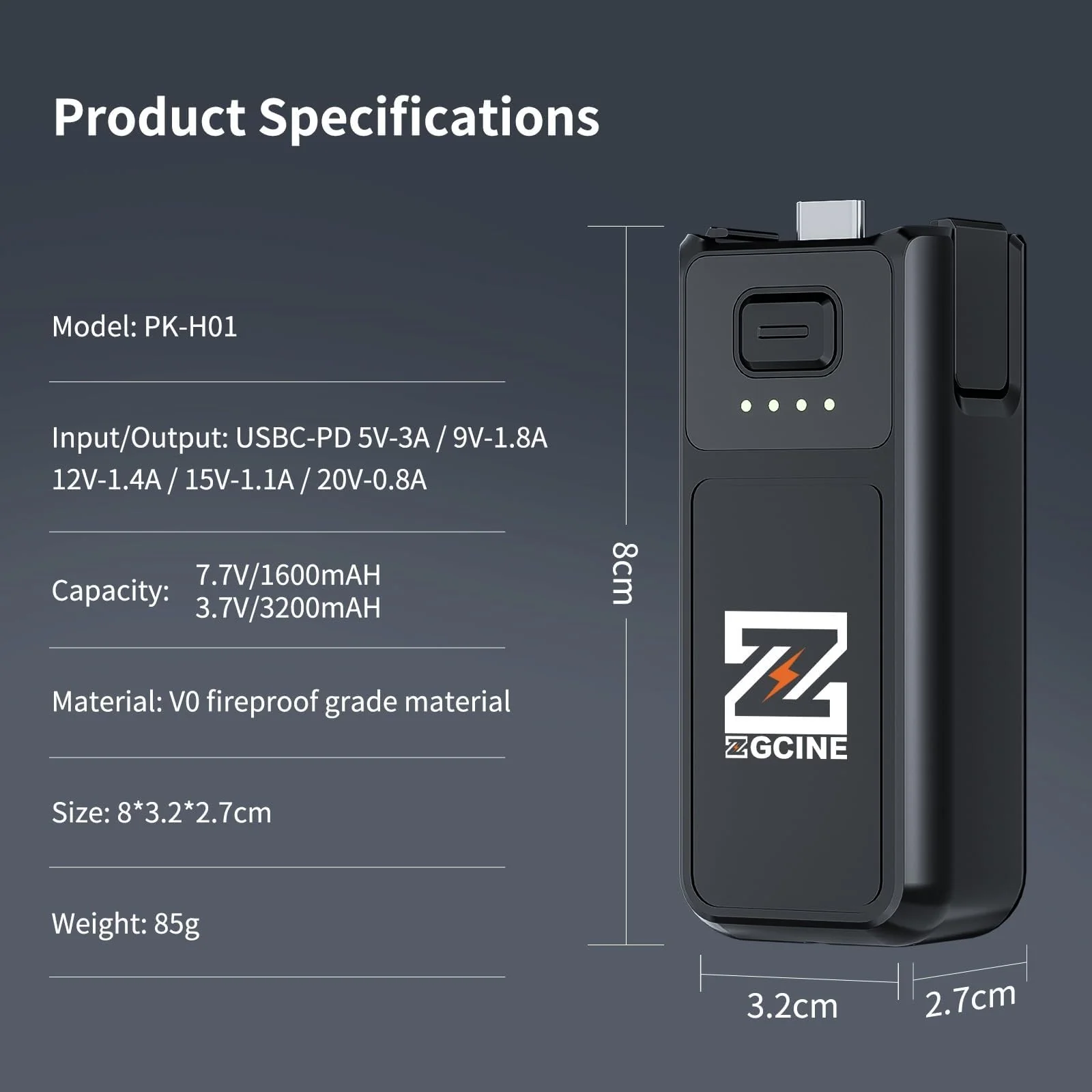 ZGCINE PK-H01 Battery Handle for DJI OSMO Pocket 3, 7.7V/1600mAh (1.0X Charge), 17W PD Fast Charging, Battery Grip with 1/4" Thread + Arri Hole - Image 8