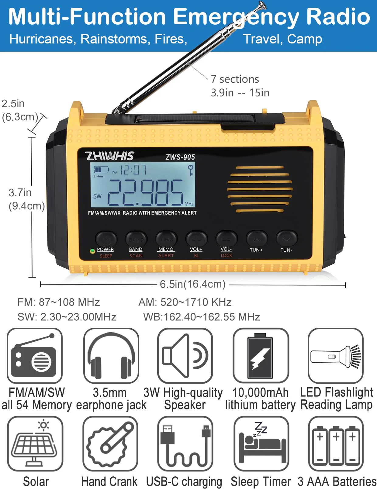 ZHIWHIS Emergency Radio with Auto NOAA Alerts, 10000mAh AM FM SW Weather Radios, Hand Crank/Solar/SOS/Flashligh/Reading Lamp/Timer Portable Receiver with Preset, for Emergencies ZWS-905 - Image 2