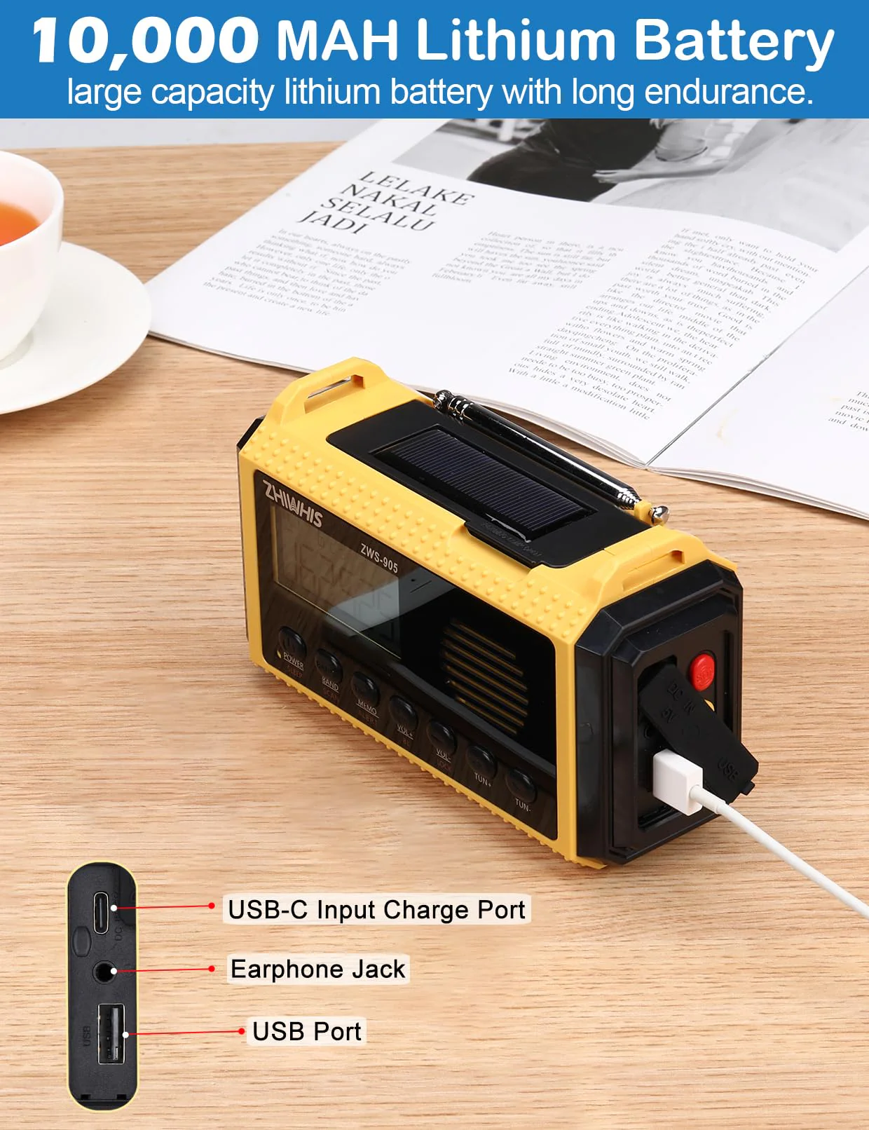 ZHIWHIS Emergency Radio with Auto NOAA Alerts, 10000mAh AM FM SW Weather Radios, Hand Crank/Solar/SOS/Flashligh/Reading Lamp/Timer Portable Receiver with Preset, for Emergencies ZWS-905 - Image 4