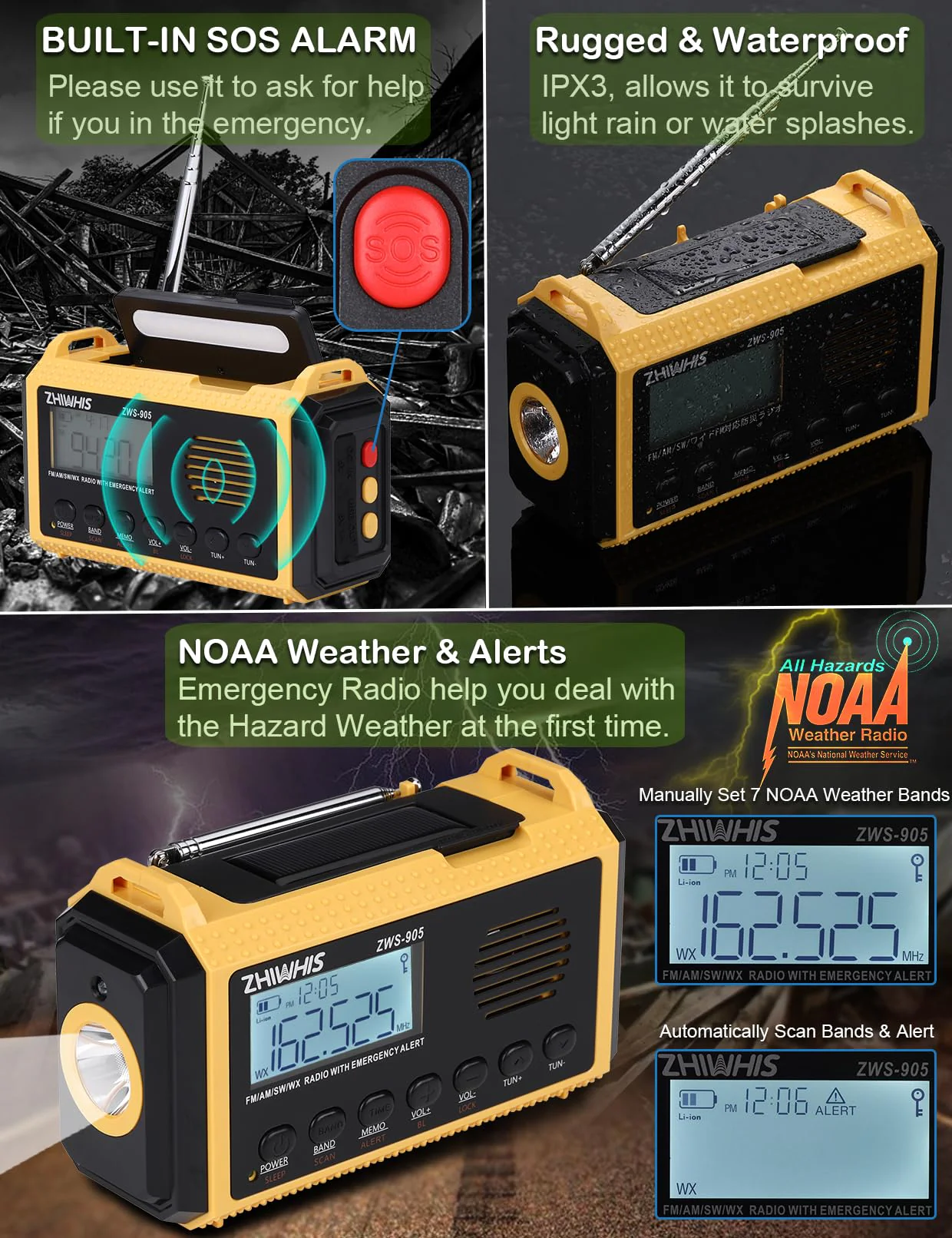 ZHIWHIS Emergency Radio with Auto NOAA Alerts, 10000mAh AM FM SW Weather Radios, Hand Crank/Solar/SOS/Flashligh/Reading Lamp/Timer Portable Receiver with Preset, for Emergencies ZWS-905 - Image 5