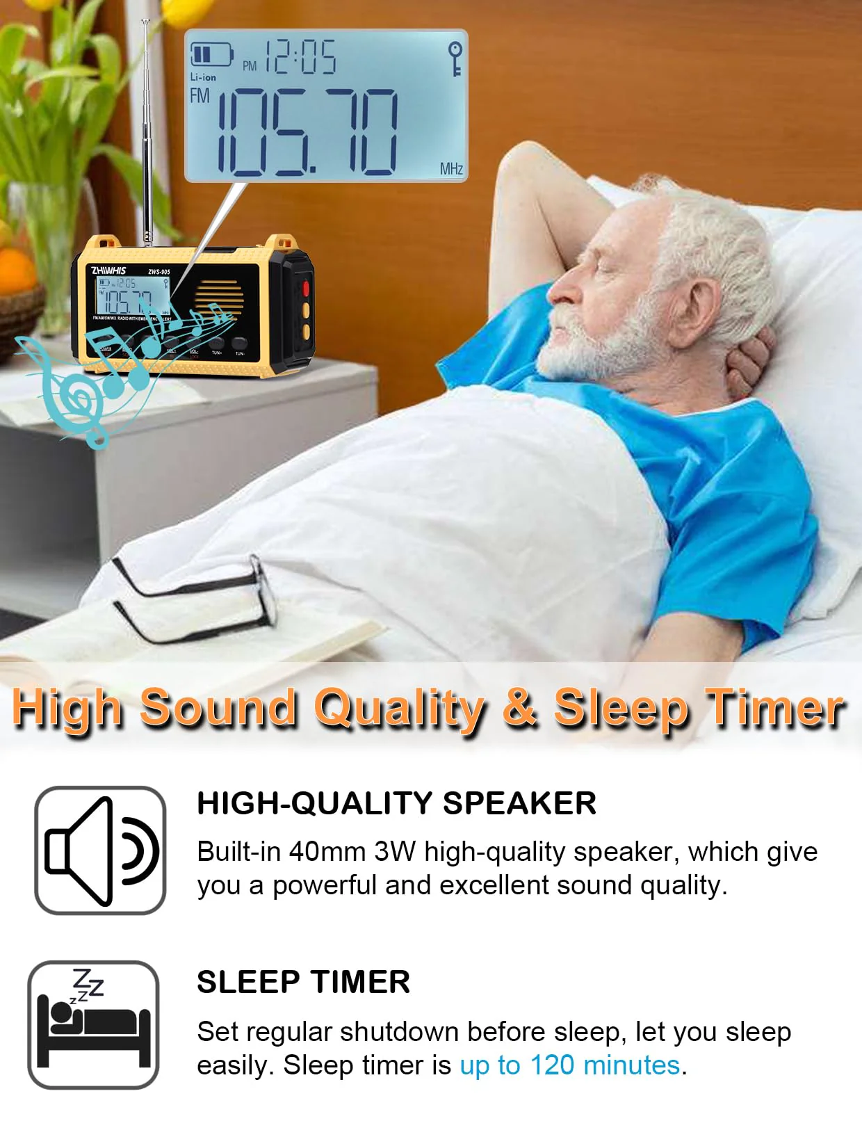 ZHIWHIS Emergency Radio with Auto NOAA Alerts, 10000mAh AM FM SW Weather Radios, Hand Crank/Solar/SOS/Flashligh/Reading Lamp/Timer Portable Receiver with Preset, for Emergencies ZWS-905 - Image 7