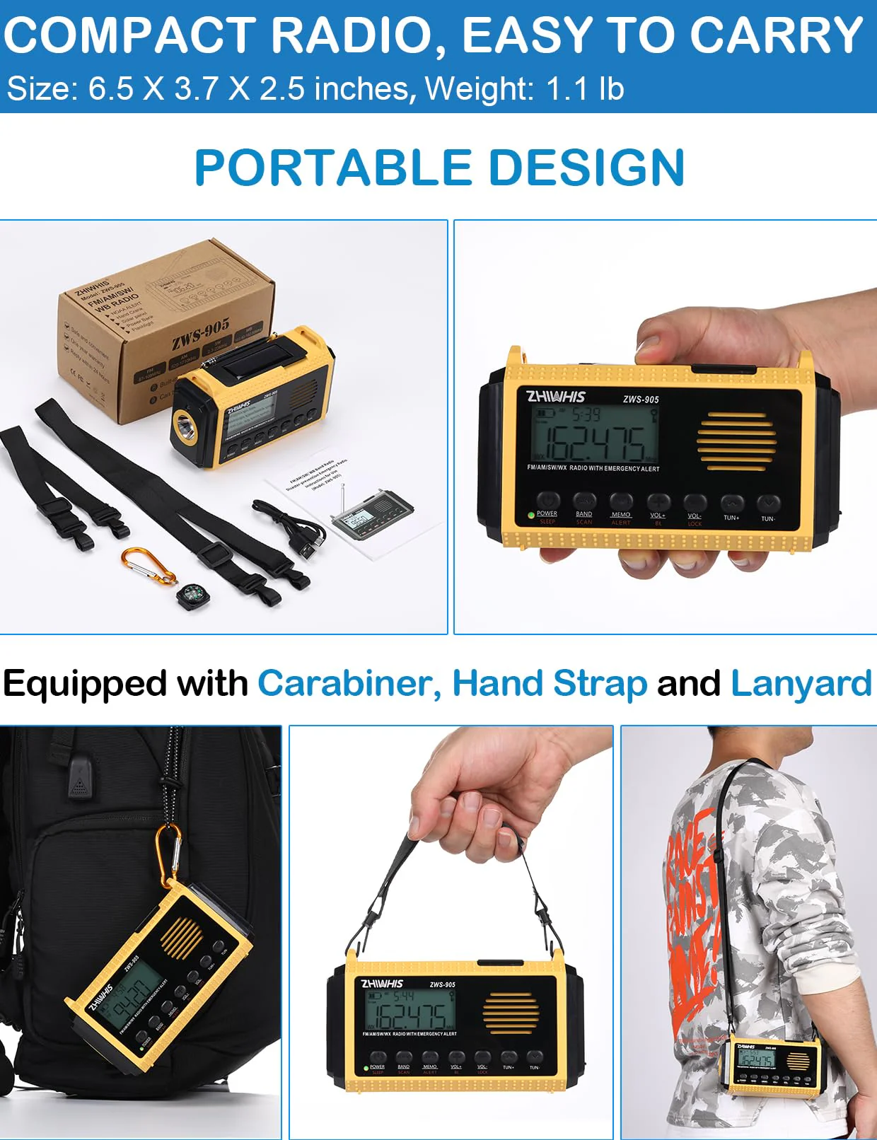 ZHIWHIS Emergency Radio with Auto NOAA Alerts, 10000mAh AM FM SW Weather Radios, Hand Crank/Solar/SOS/Flashligh/Reading Lamp/Timer Portable Receiver with Preset, for Emergencies ZWS-905 - Image 8
