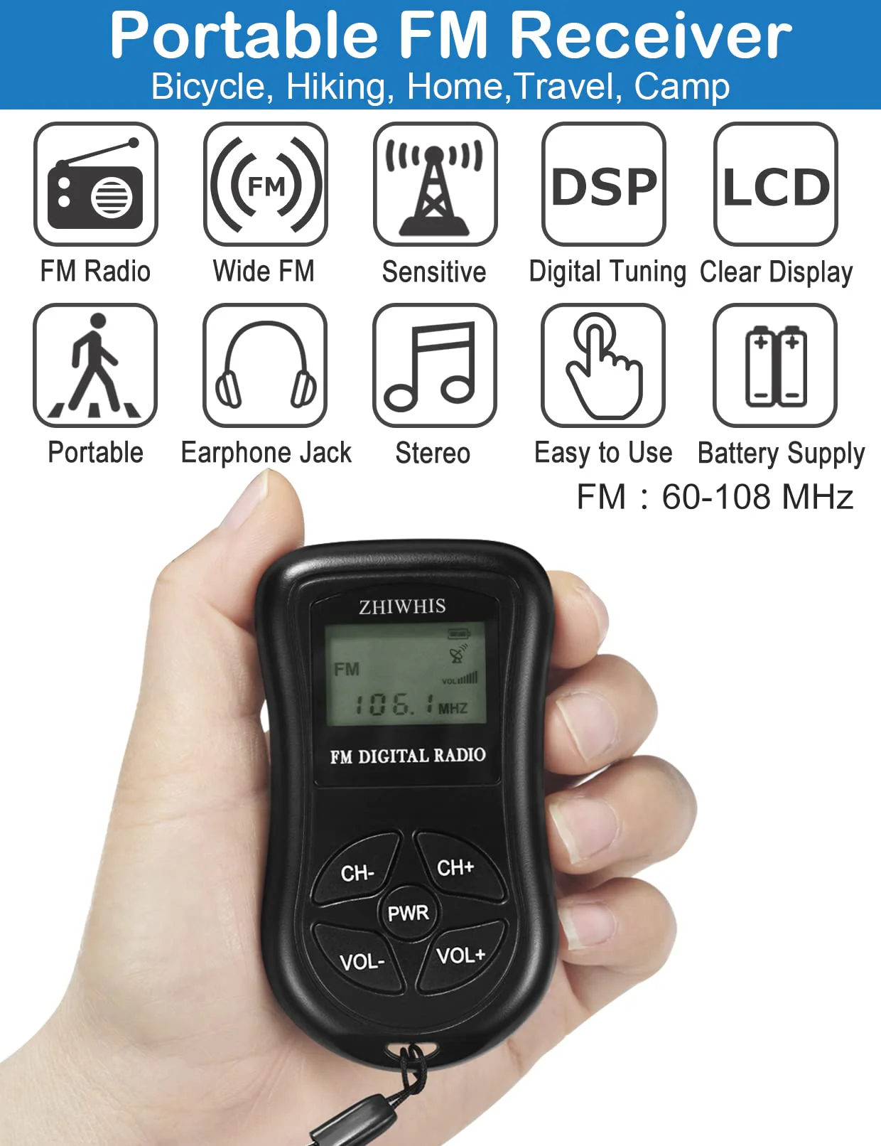 ZHIWHIS Mini Portable FM Radio, Stereo LCD Digital Display Tuning Pocket Walkmen Transistor Conference Receiver with Earphone, Small Pocket Radio Operated by AAA Batteries for Walking/Running Batteries not included - Image 2