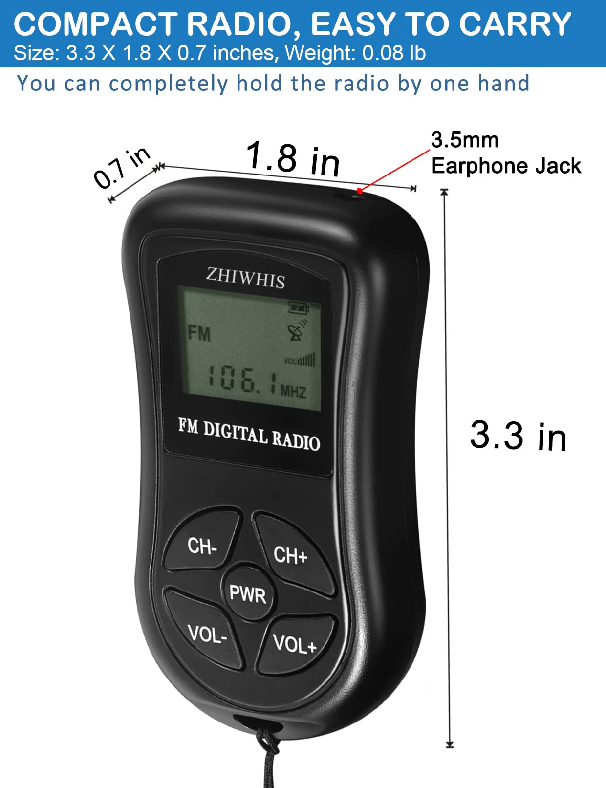 ZHIWHIS Mini Portable FM Radio, Stereo LCD Digital Display Tuning Pocket Walkmen Transistor Conference Receiver with Earphone, Small Pocket Radio Operated by AAA Batteries for Walking/Running Batteries not included - Image 4